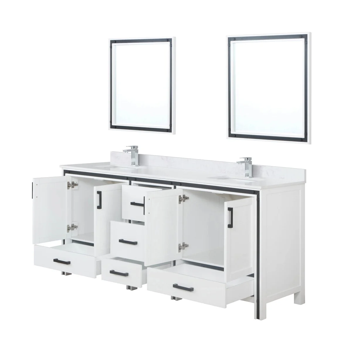 Ziva 80 in W x 22 in D White Double Bath Vanity, White Quartz Top, Faucet Set and 30 in Mirrors