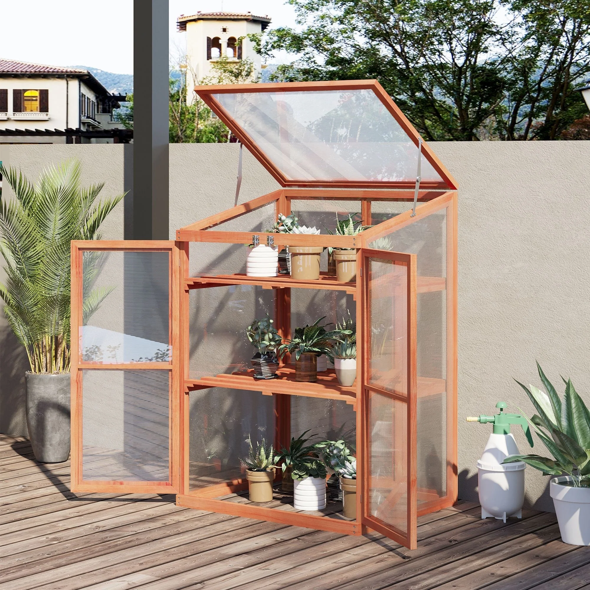 Outsunny Garden Planter Box Greenhouse with Real Fir Wood Construction Polycarbonate Side Panels for Warmth & Opening Roof