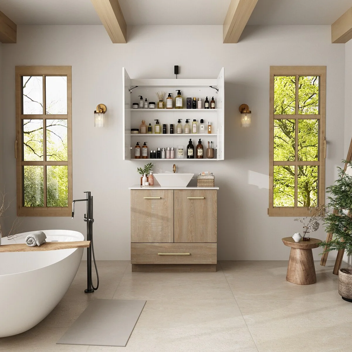 Bathroom Vanity with Ceramic Basin and Modern Medicine Cabinet Combo