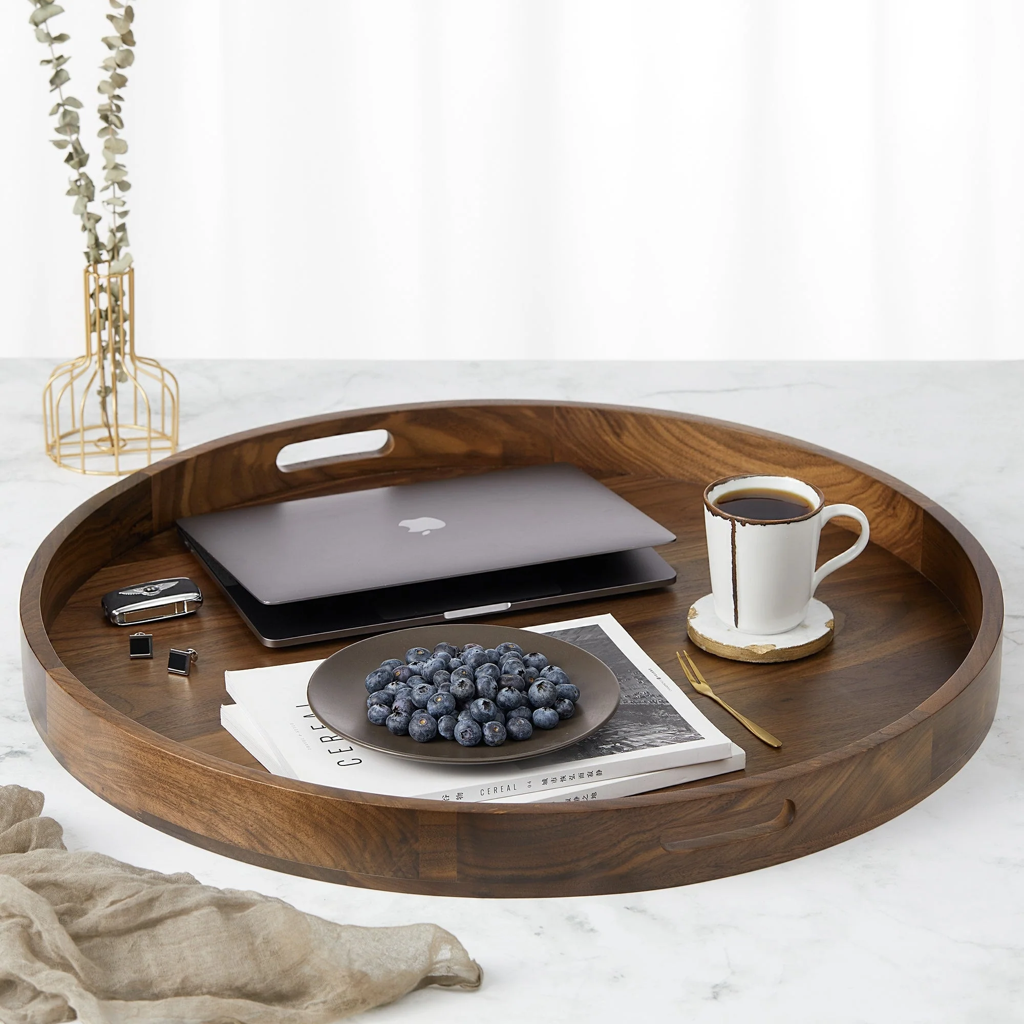 KINWELL Round Black Walnut Wood Serving Tray Ottoman Tray with Handles
