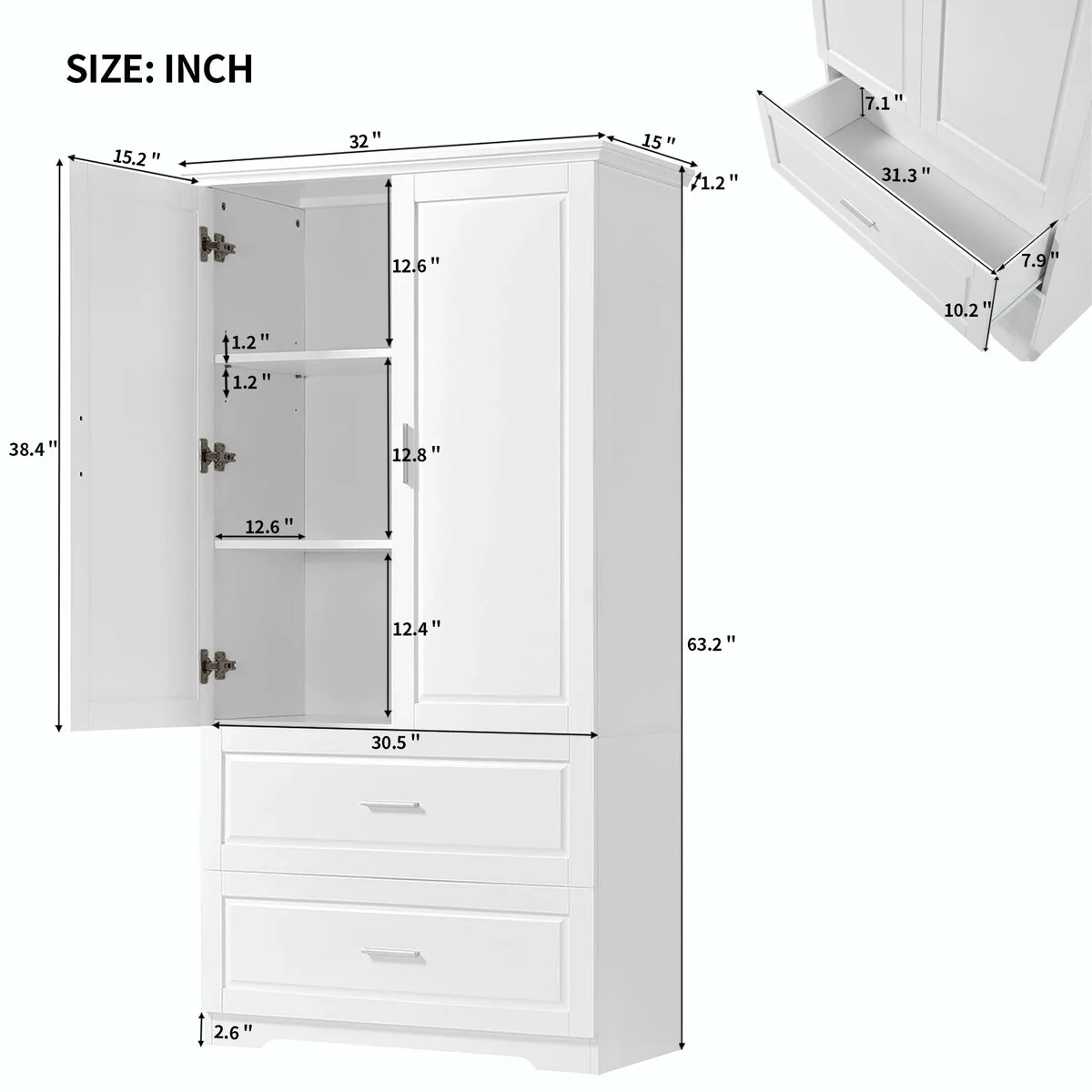 Tall Bathroom Storage Cabinet with Drawers and Adjustable Shelf