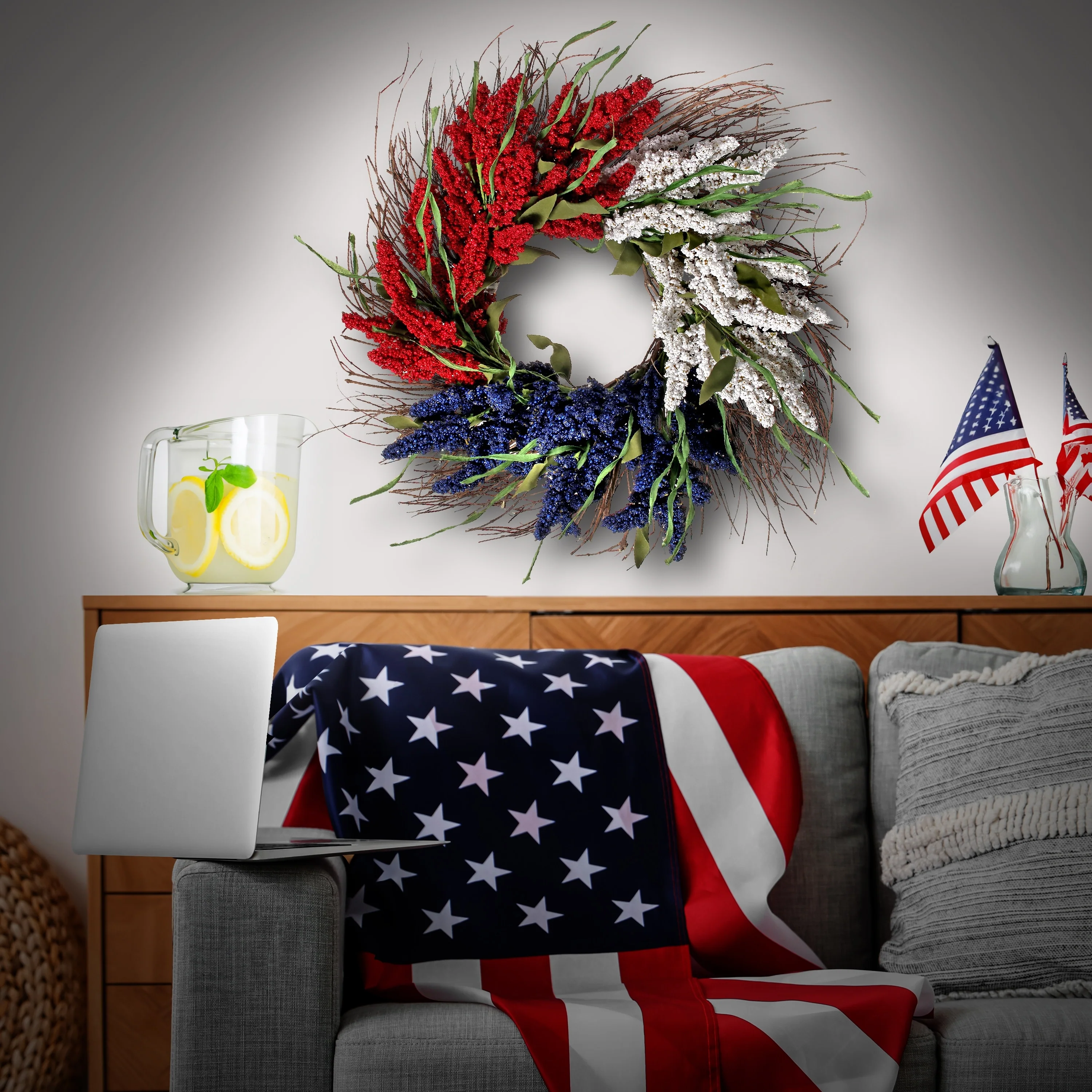 Americana Astilbe Red, White, and Blue 24-inch Decorative Wreath