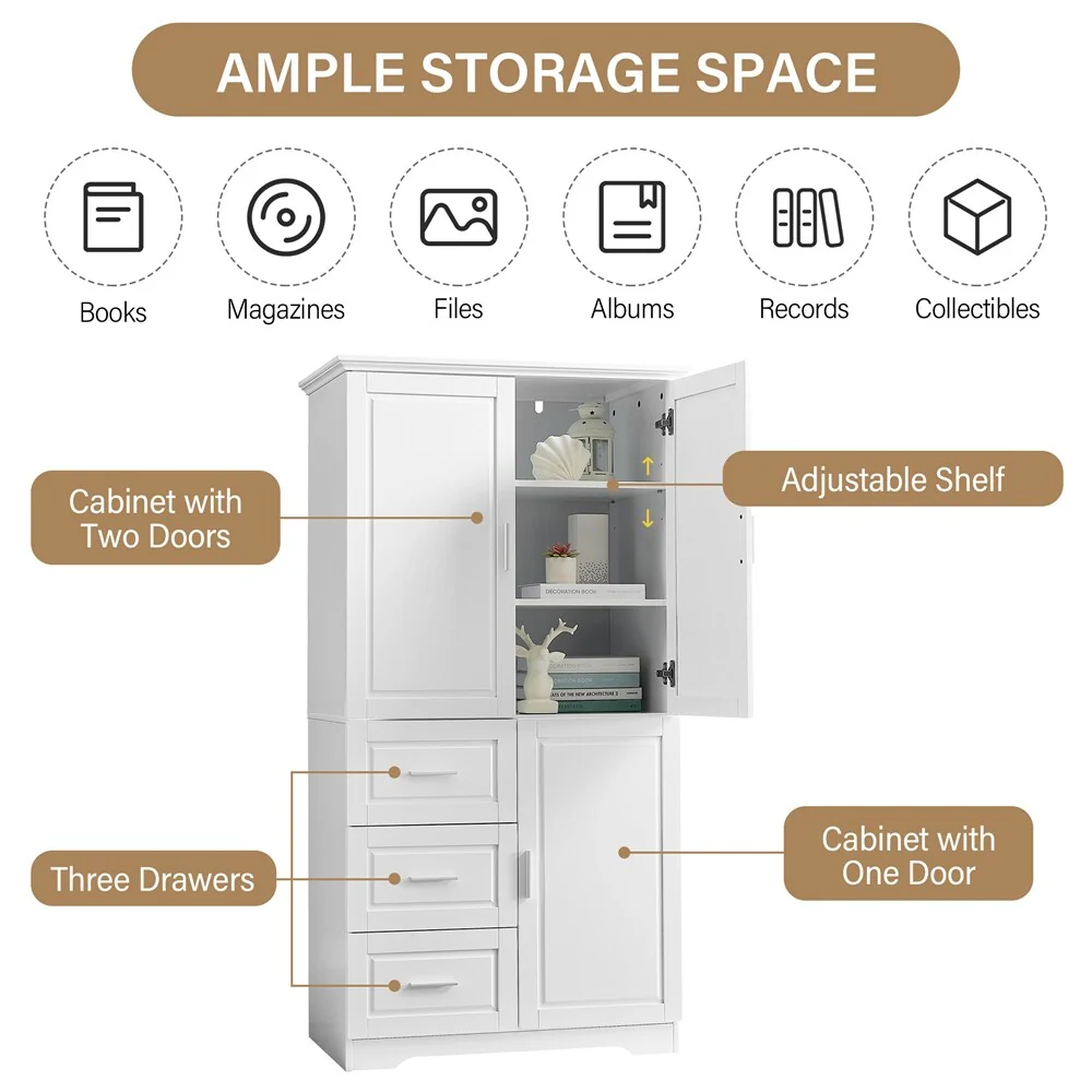 Tall and Wide Storage Cabinet with Doors for Bathroom, Three Drawers
