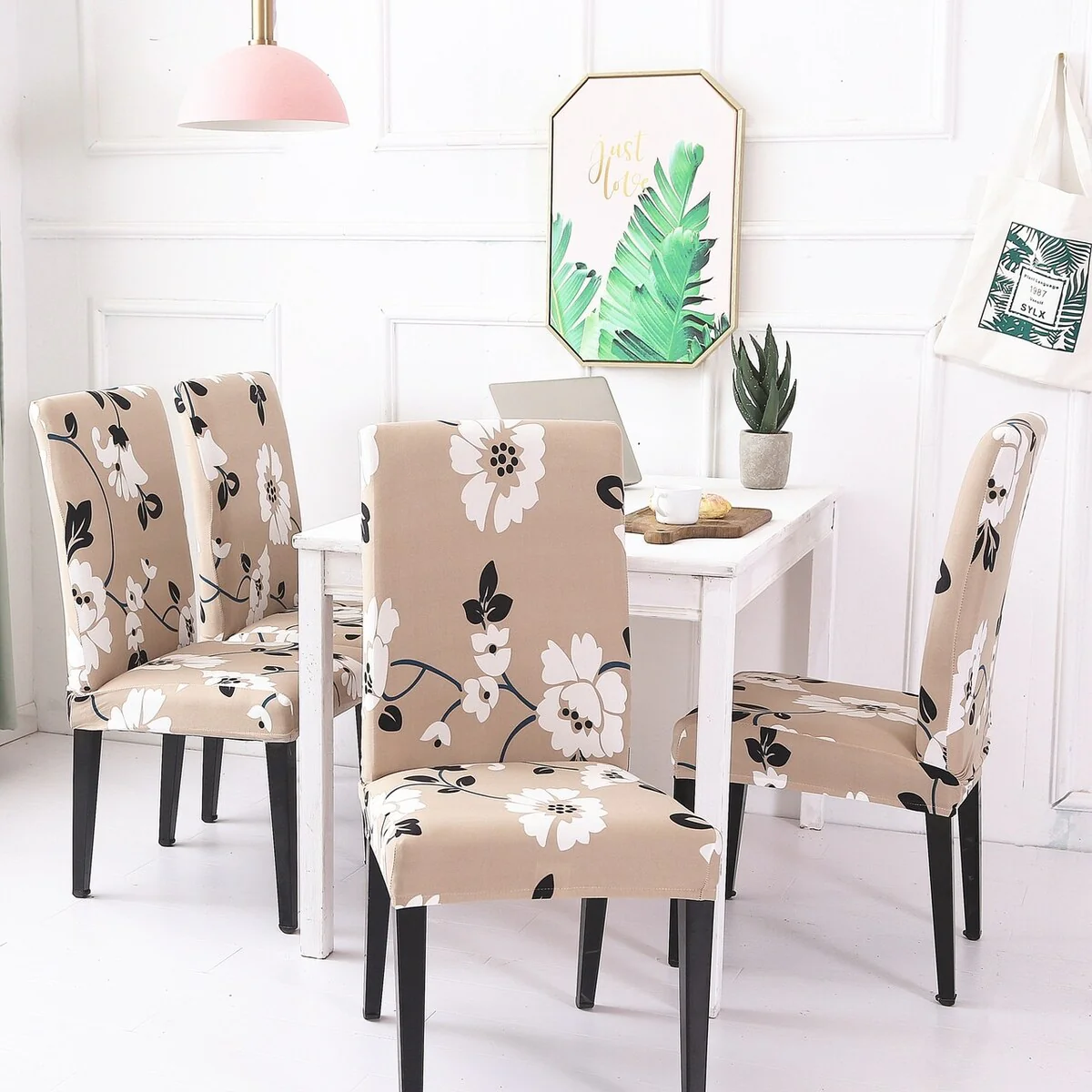 Enova Home Jasmine FlowerElegant Polyester and Spandex Stretch Washable Dining Chair Slipcover Set of 4