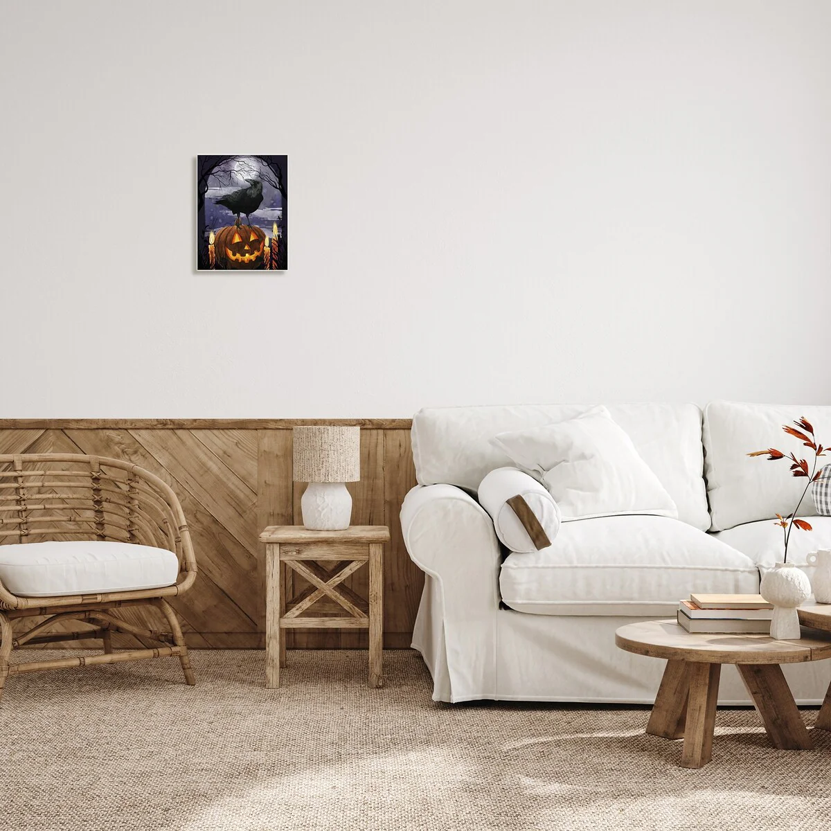 Stupell Spooky Halloween Night Sky Crow Jack-o'-lantern Full Moon Wood Wall Art - Orange