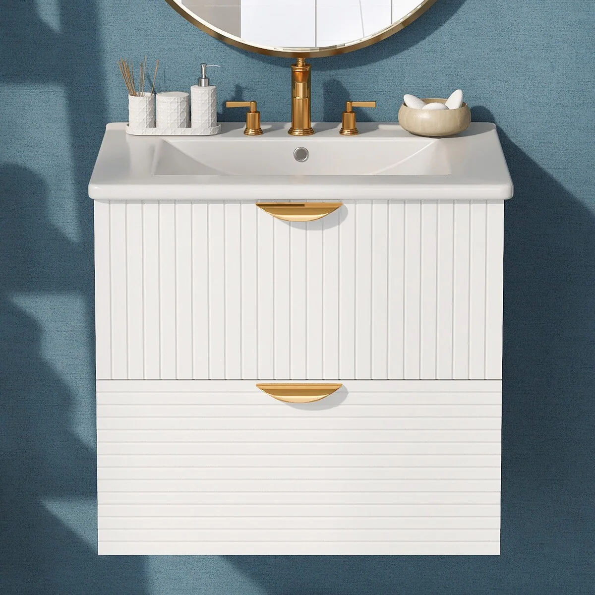 Modern 24 Inches MDF Wall-Mounted Bathroom vanity with Ceramic Sink and 2 Drawers