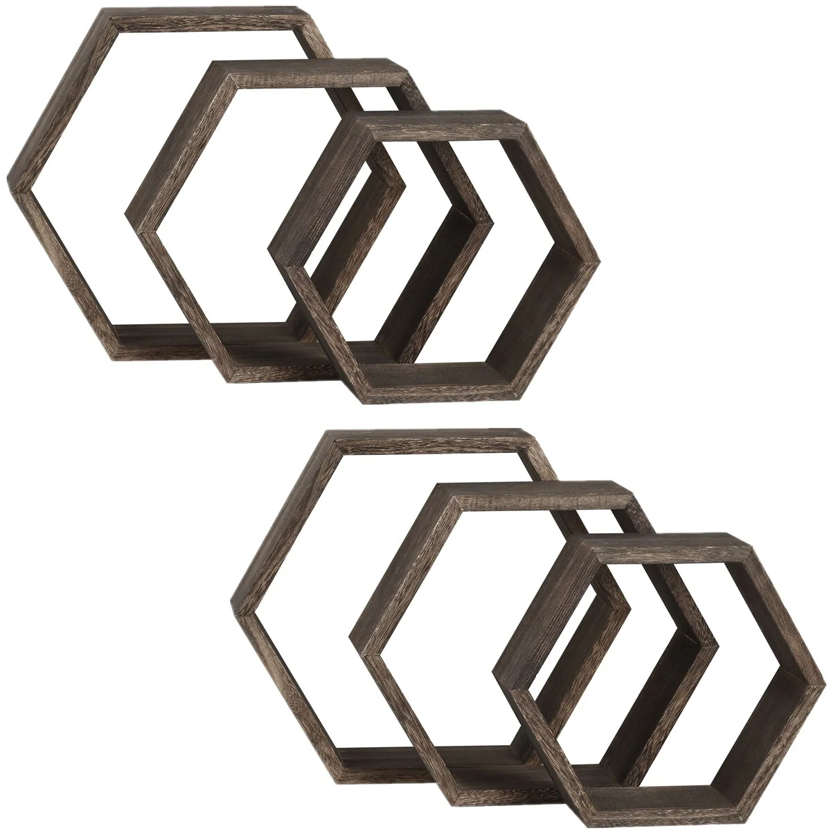 Set of 6 Wooden Hexagon Rustic Floating Shelves in Deep Natural Wood