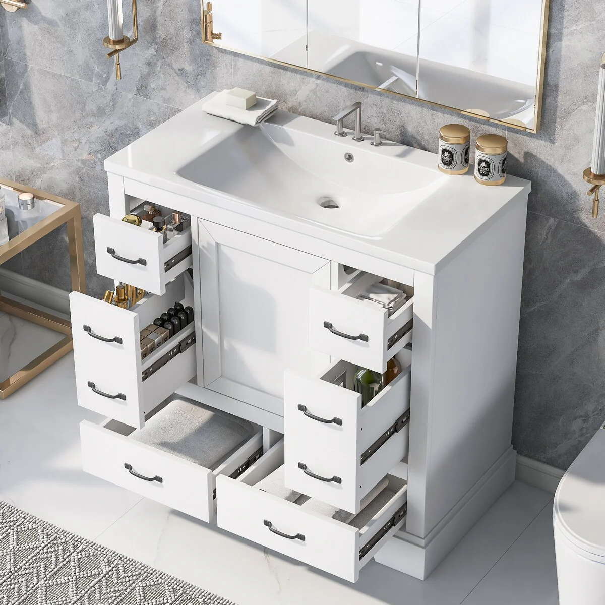 Bathroom Vanity Cabinet with Multi-Functional Drawer and Adjustable Shelf
