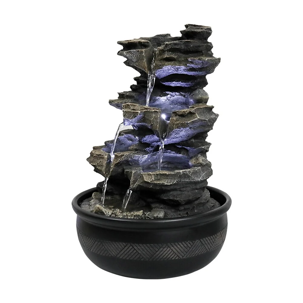 15.7in 4-Tier Cascading Rock Falls Tabletop Water Fountain w/LED Light