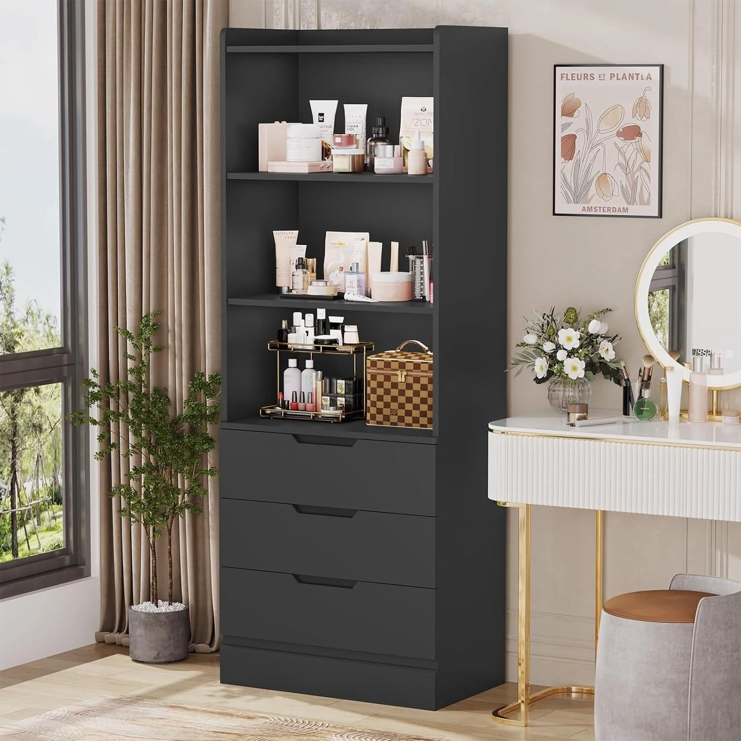 Kitchen Storage Cabinet Bookcase 3 Drawers Open Shelves - N/A