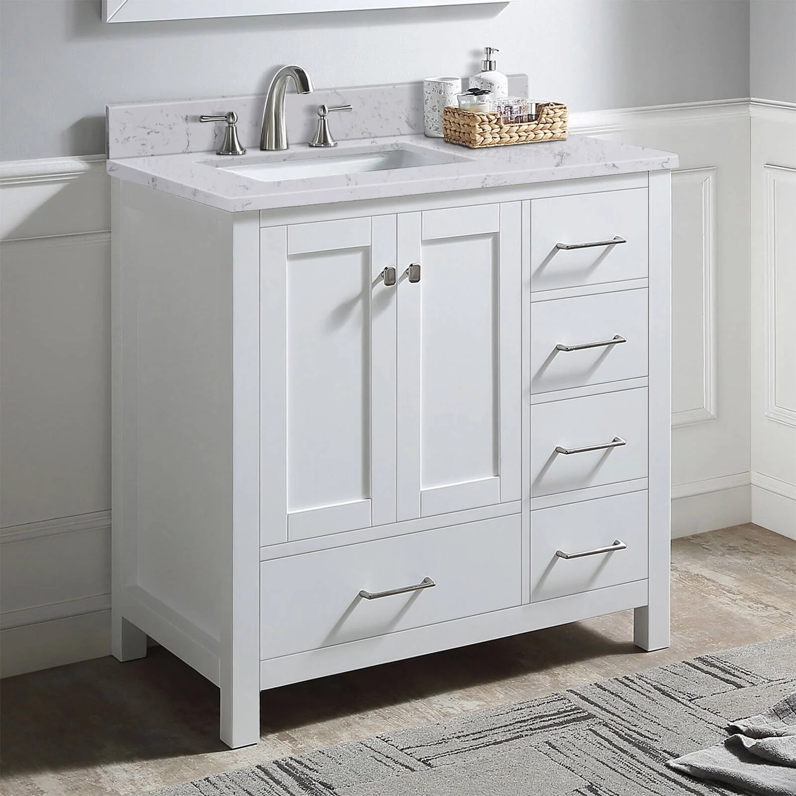 Prismatica 36 in. White Vanity with Countertop & Splash, Left Sink