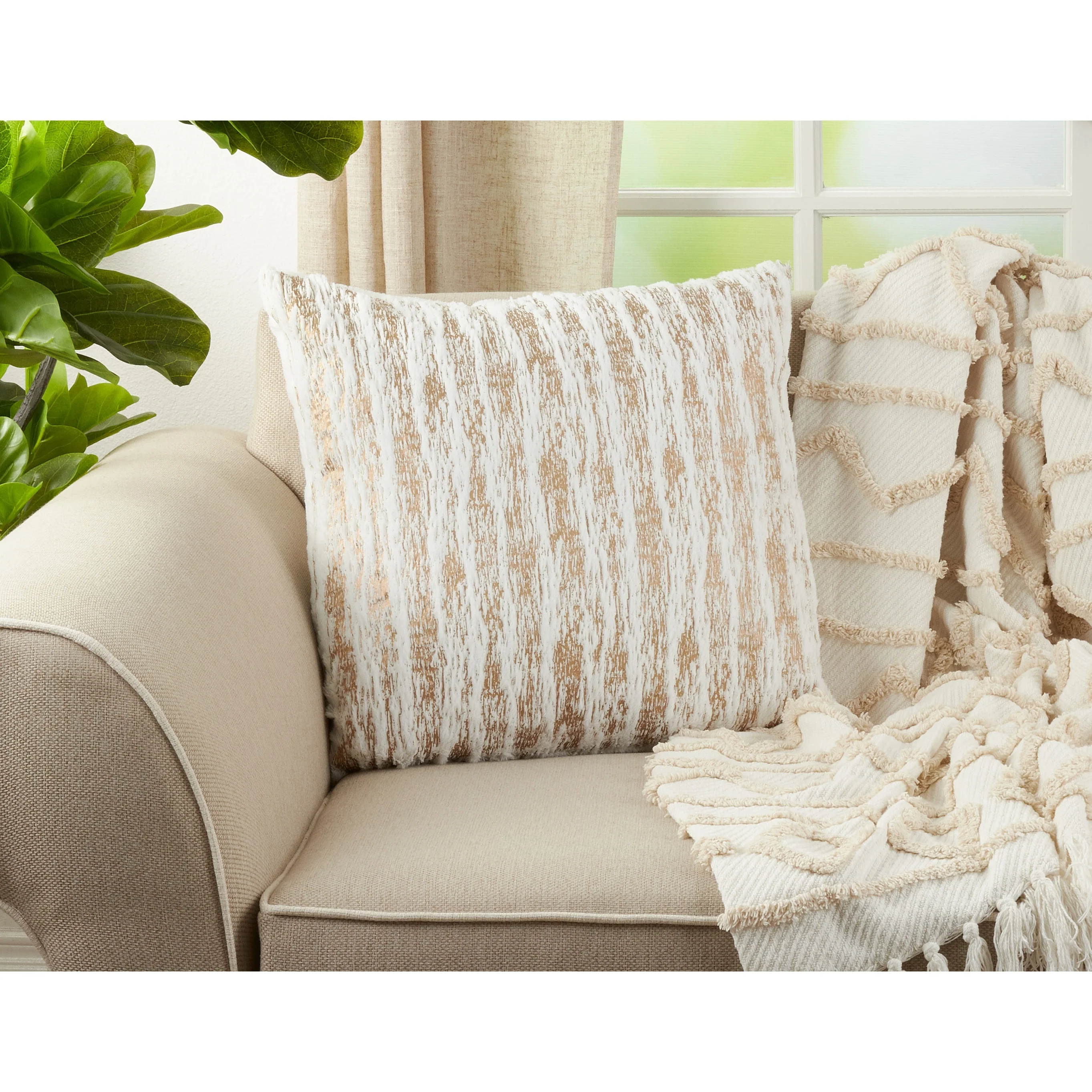 Faux Fur With Brushed Metallic Foil Print Down Filled Throw Pillow