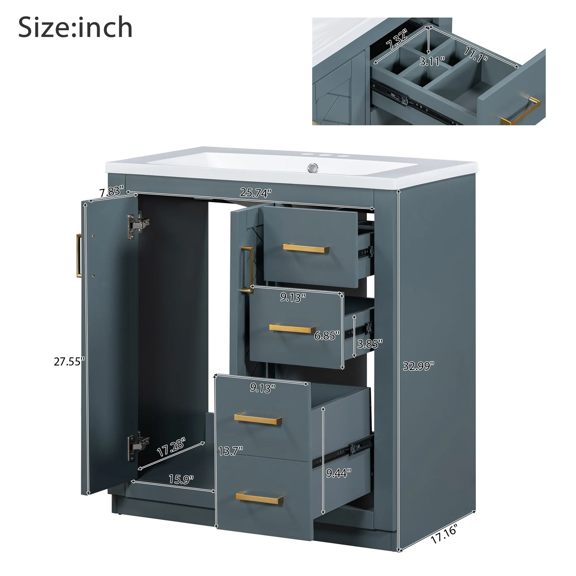 30'' Bathroom Vanity with Storage Cabinet and 3 Drawers