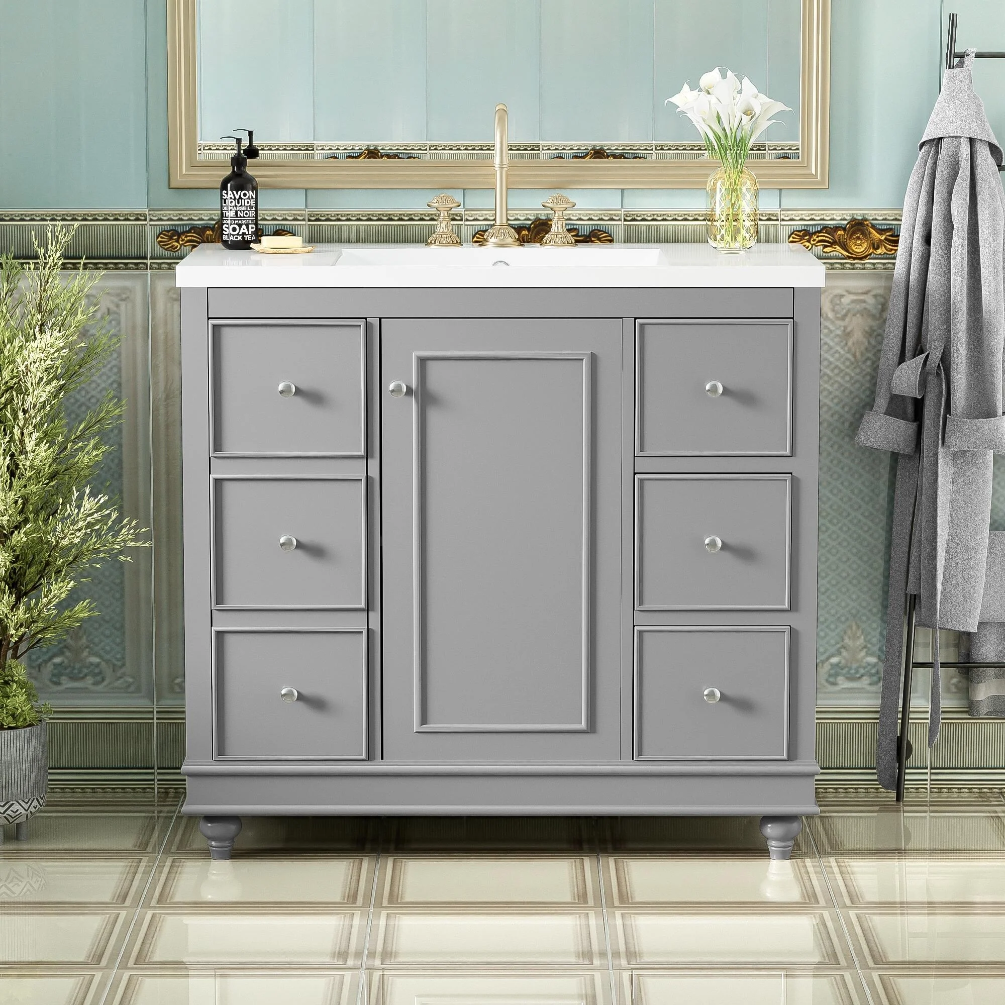 Bathroom Vanity with Sink, Bathroom Vanity Cabinet with 4 Drawers and 1 Door, Storage Cabinet with Adjustable Shelves