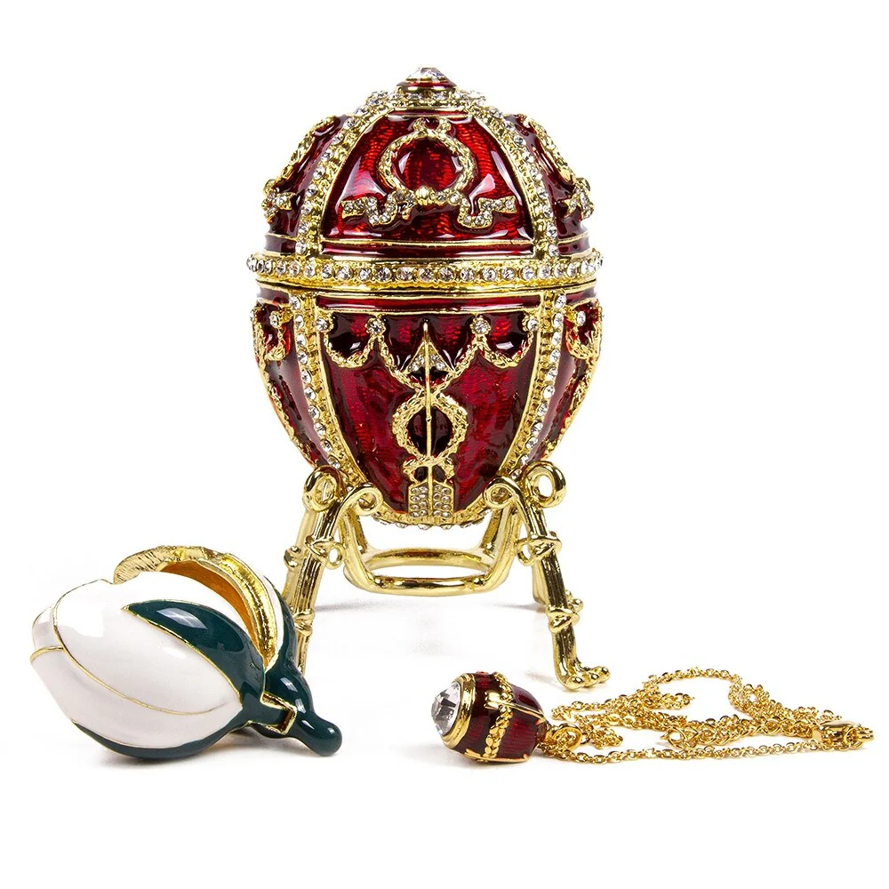 Imperial Faberge Arrow Egg / Jewelry Box w/ Flower and Pendant in Bordeaux