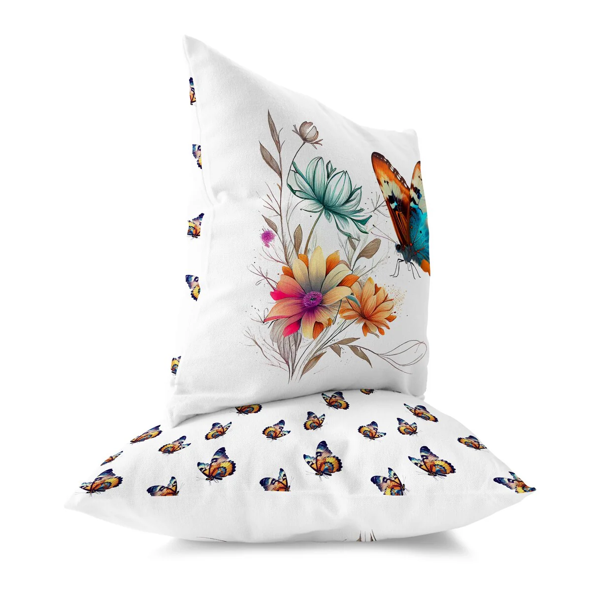 White And Orange Butterfly's Floral Journey Indoor/Outdoor Throw Pillow Zipper