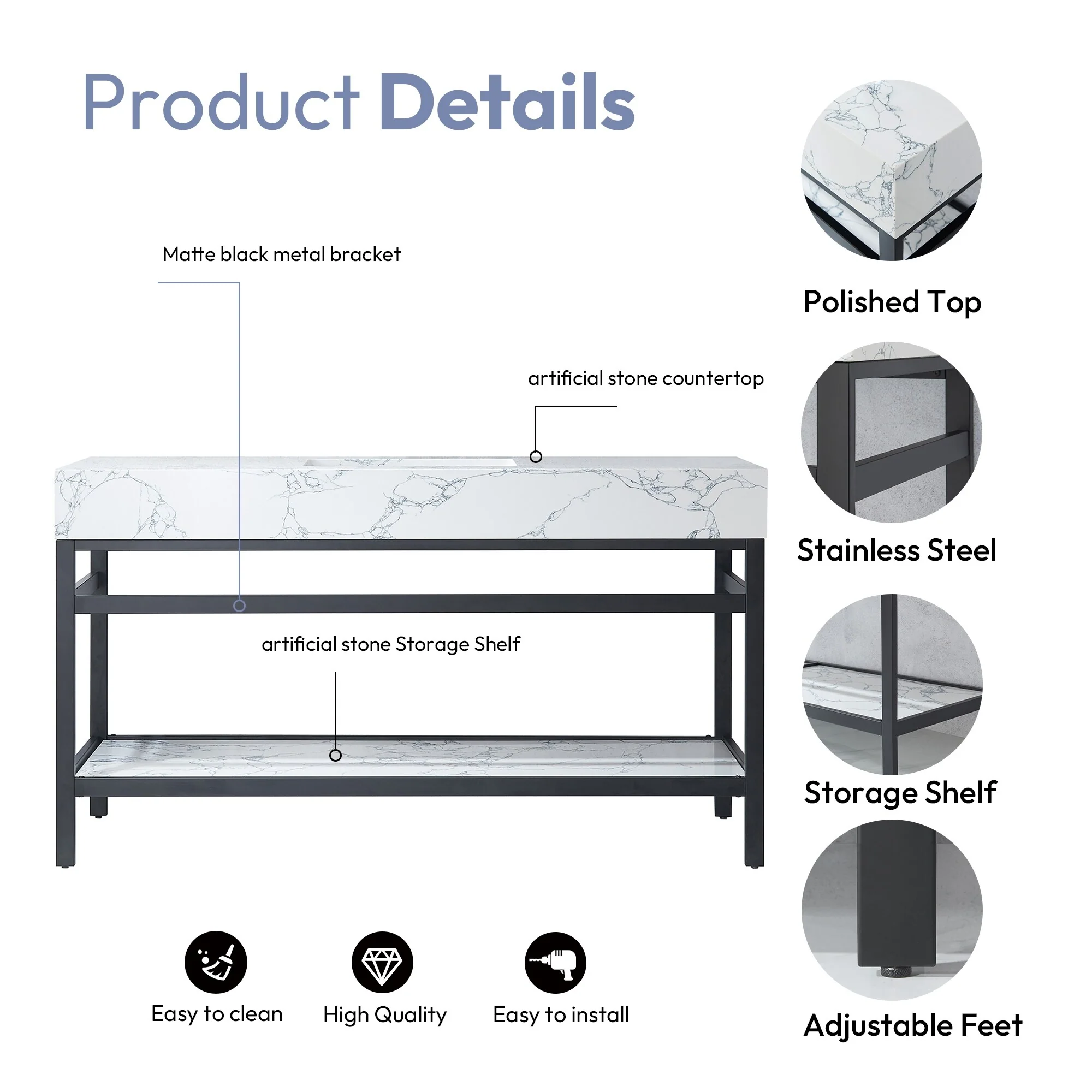 Ecija Bath Vanity, Metal Support with Composite Stone Top, no Mirror