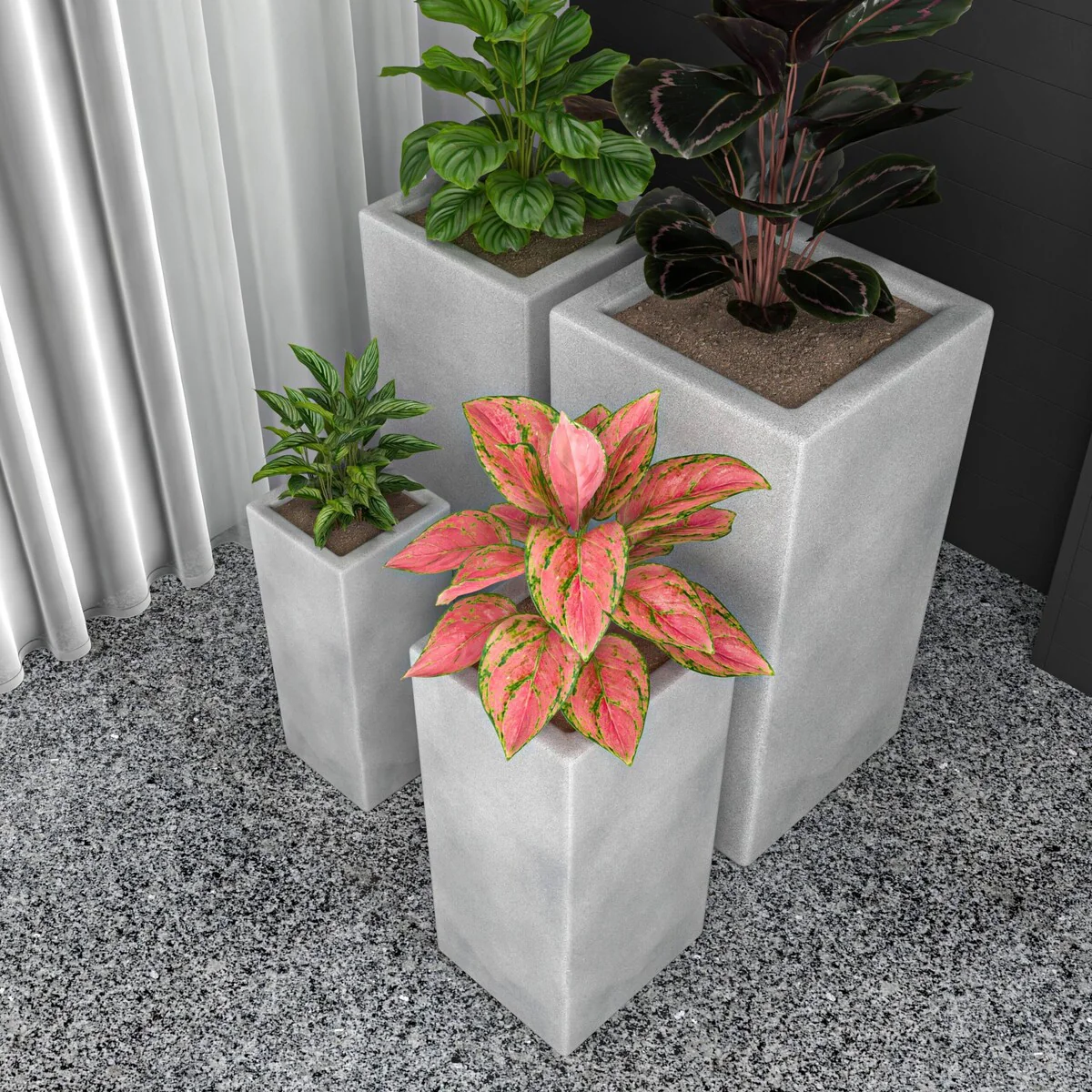 Terra 4-Piece Tall Square Fiberstone and MGO Clay Planter Set With Drainage Holes for Home Office Garden Patio Porch Yard