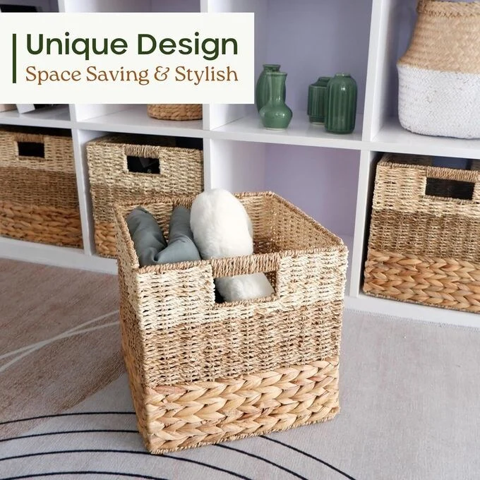 Wicker Storage Cubes Collapsible Natural Wicker Cube Storage Box Heavy Duty Hyacinth Storage Basket Set of 4