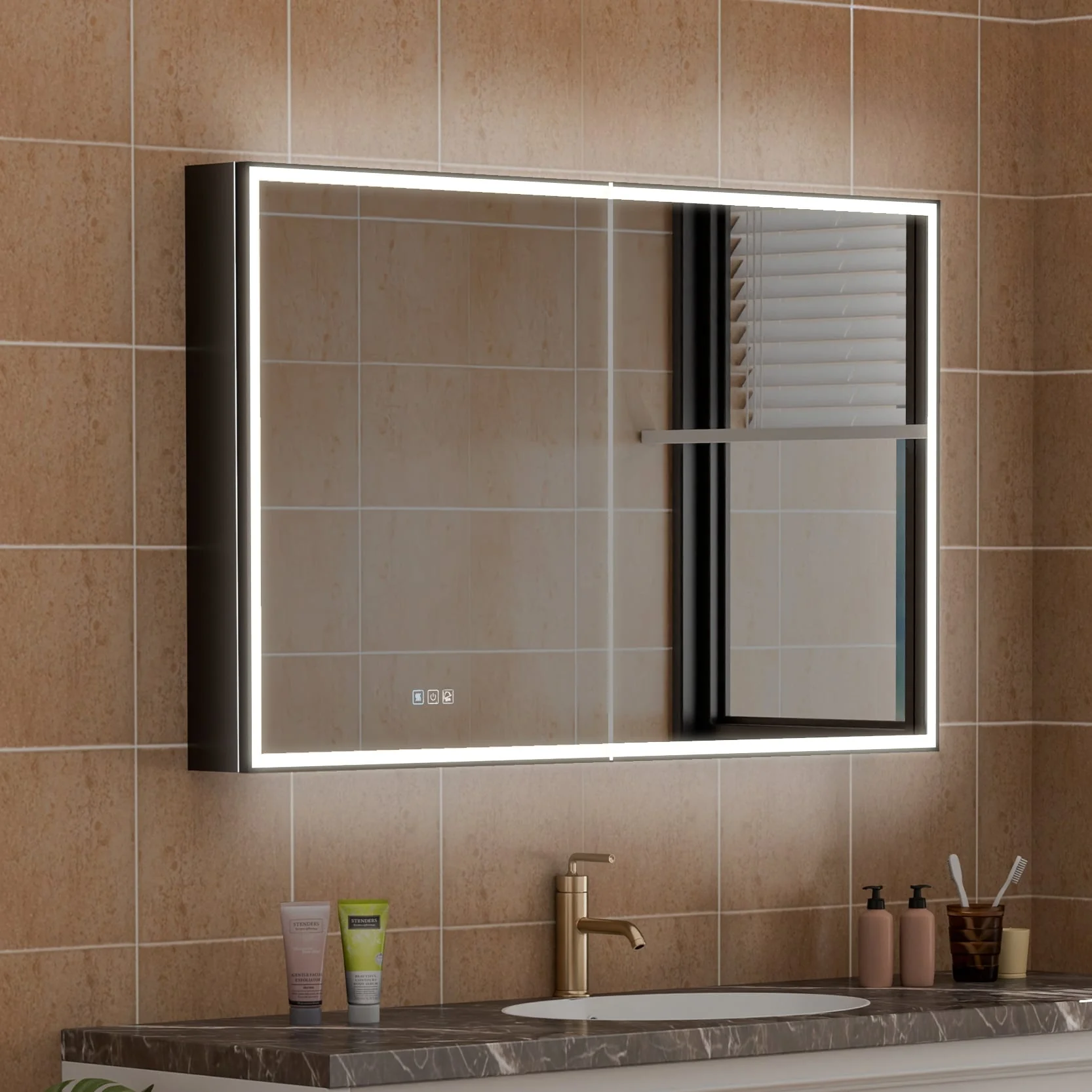 30'' H Recessed Or Surface Wall Mounted LED Mirror Cabinet With Mirror And Adjustable Shelves,Black Frame