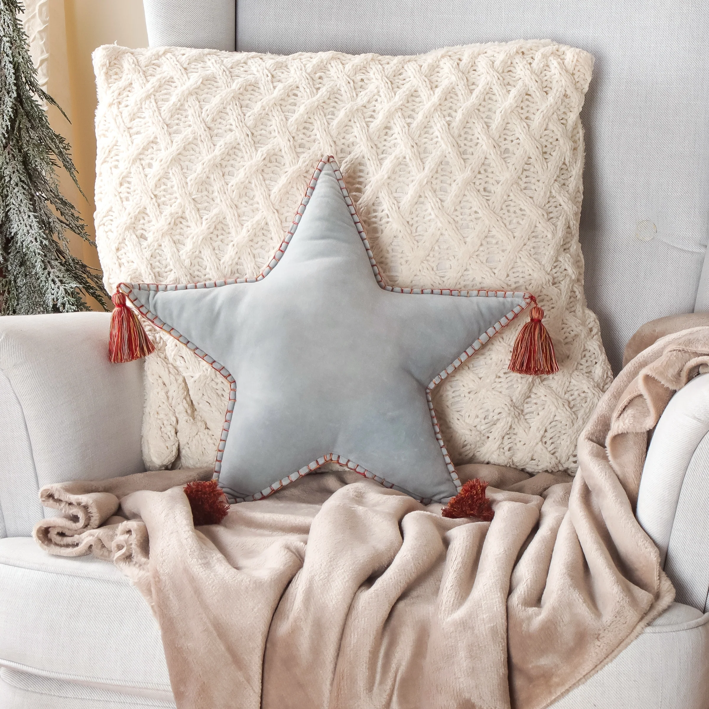 HGTV Home Collection Star Shaped Pillow With Tassels, Light Blue, 16in
