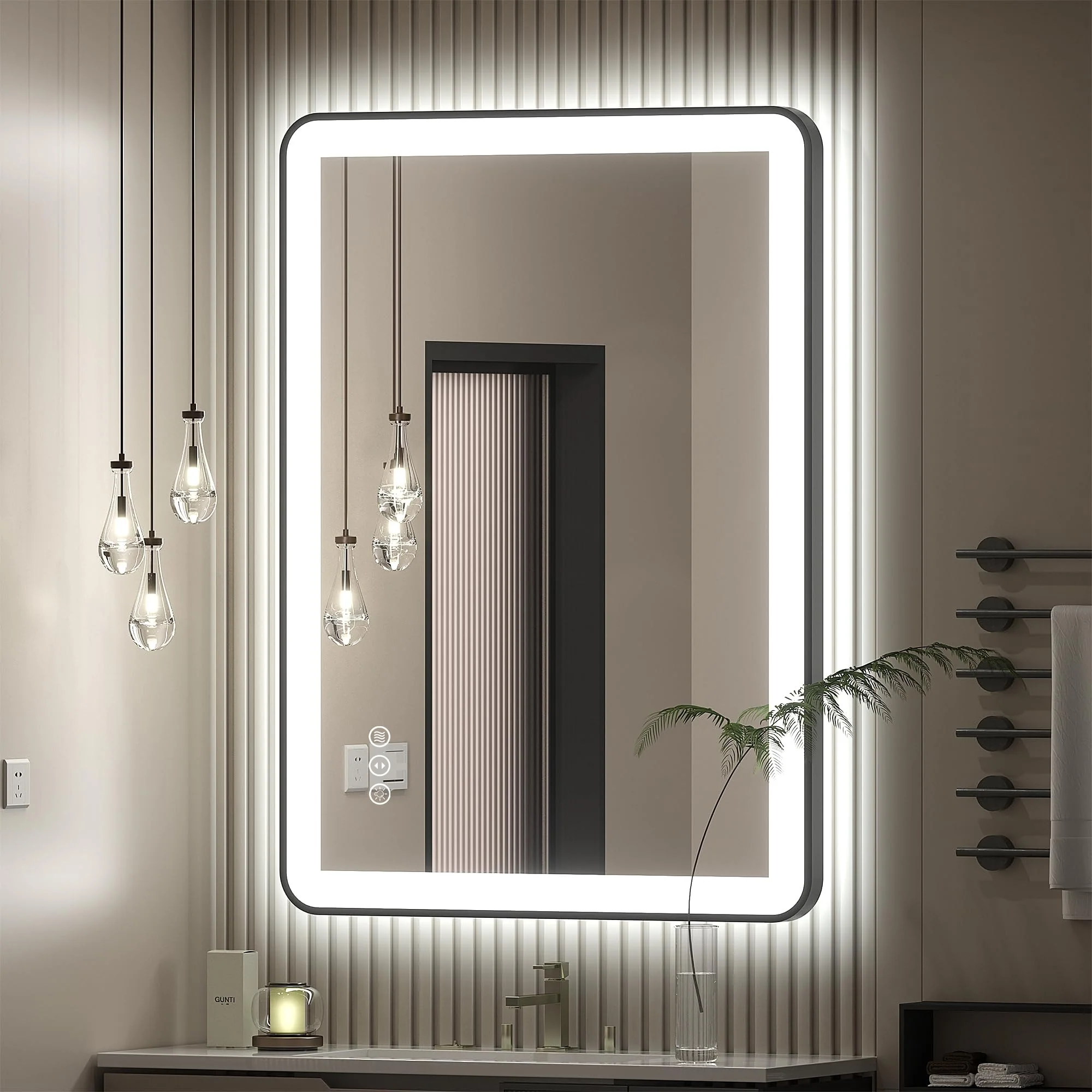 Apmir Black Framed Front & Back LED Lighted Anti-Fog Bathroom Vanity Mirror in Tempered Glass