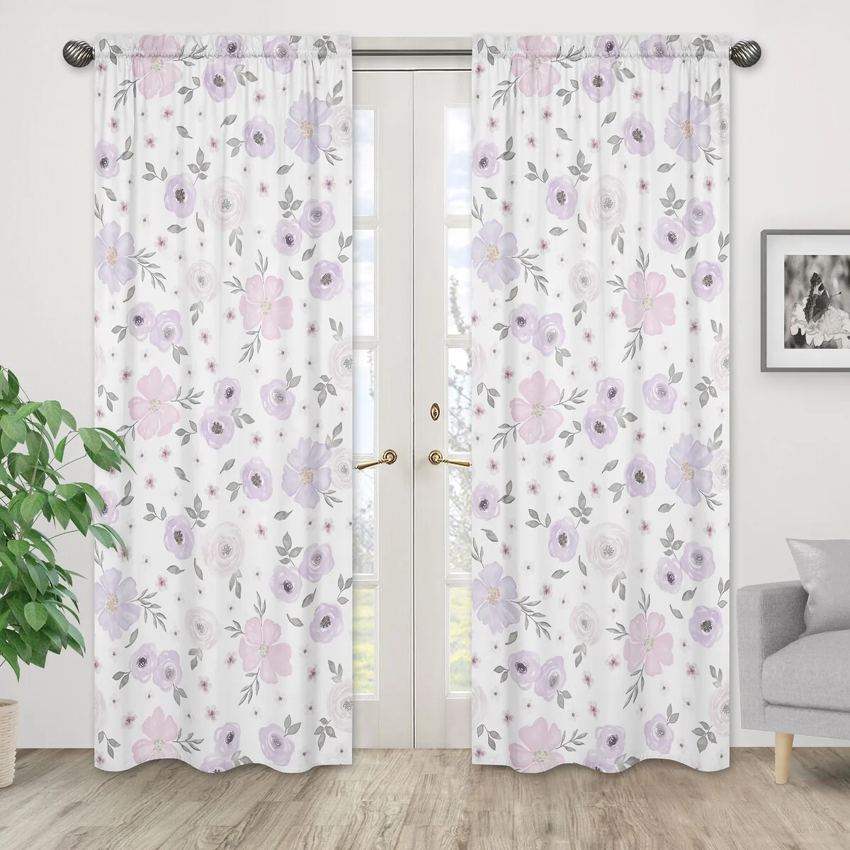 Sweet Jojo Designs Lavender Purple Pink Grey and White Watercolor Floral Collection 84-inch Window Treatment Curtain Panel Pair