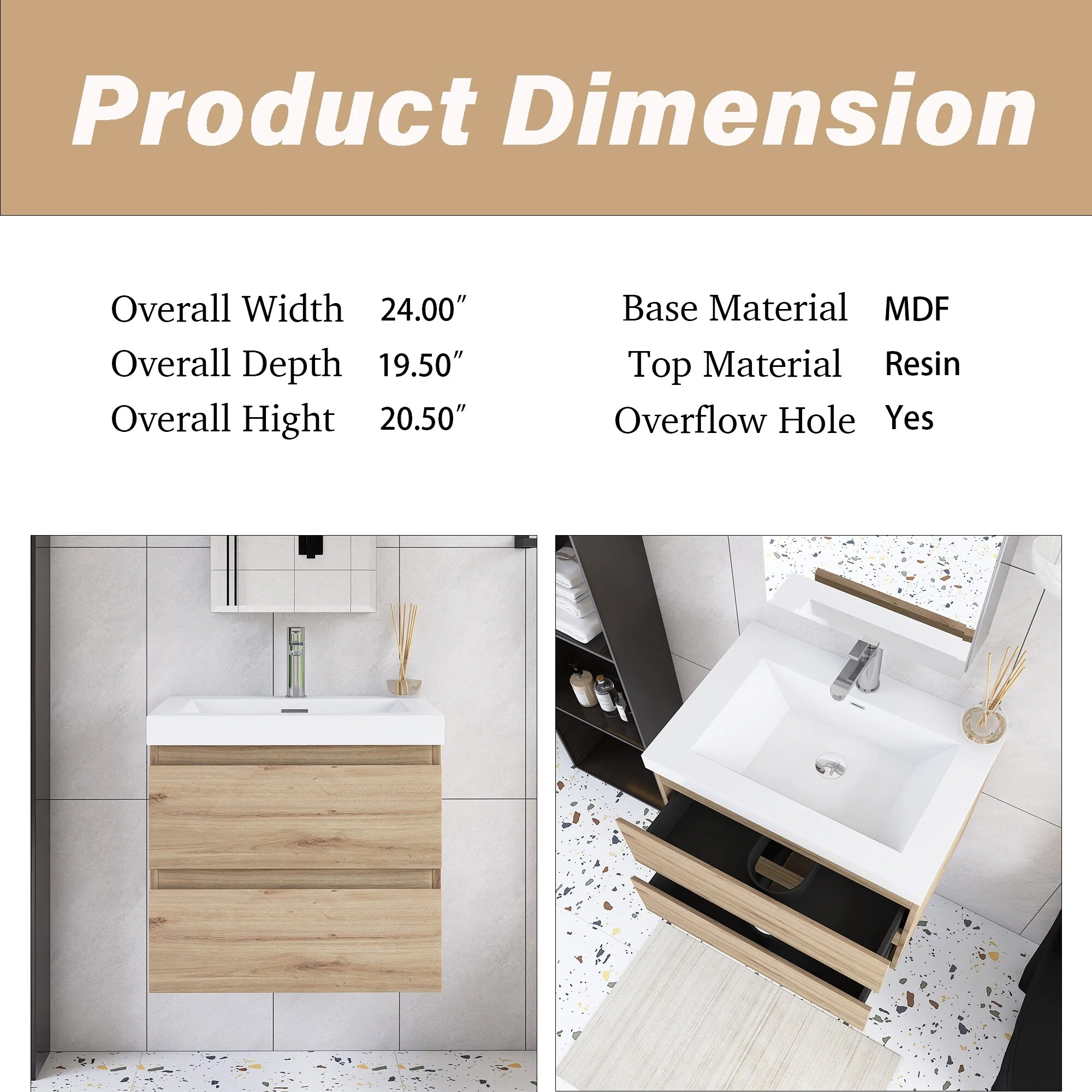 Angela Wall Mounted Bathroom Vanity in F. Oak with White Cultured Marble Top