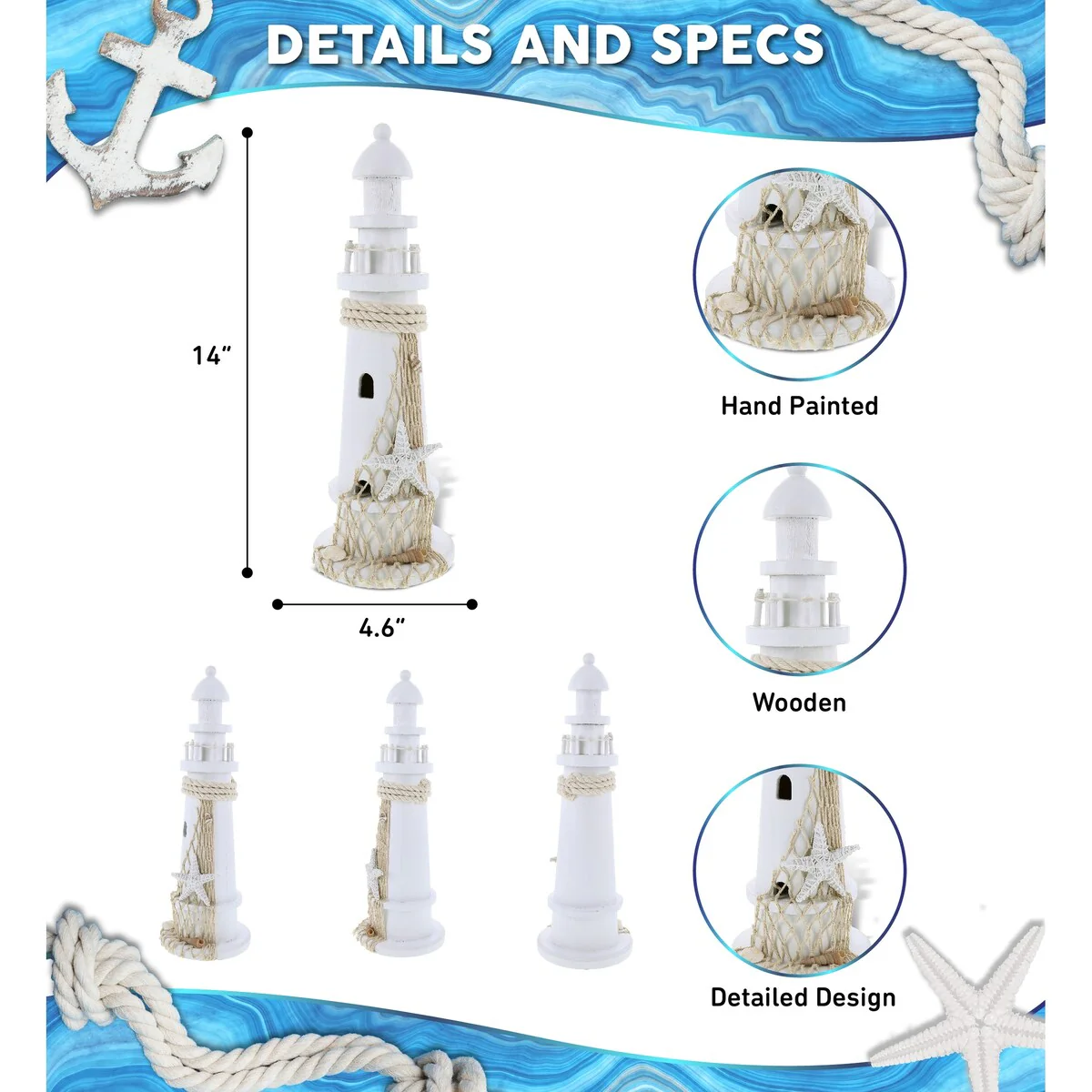 CoTa Global White Lighthouse Decor with Starfish - 14 Inches - 14 Inches