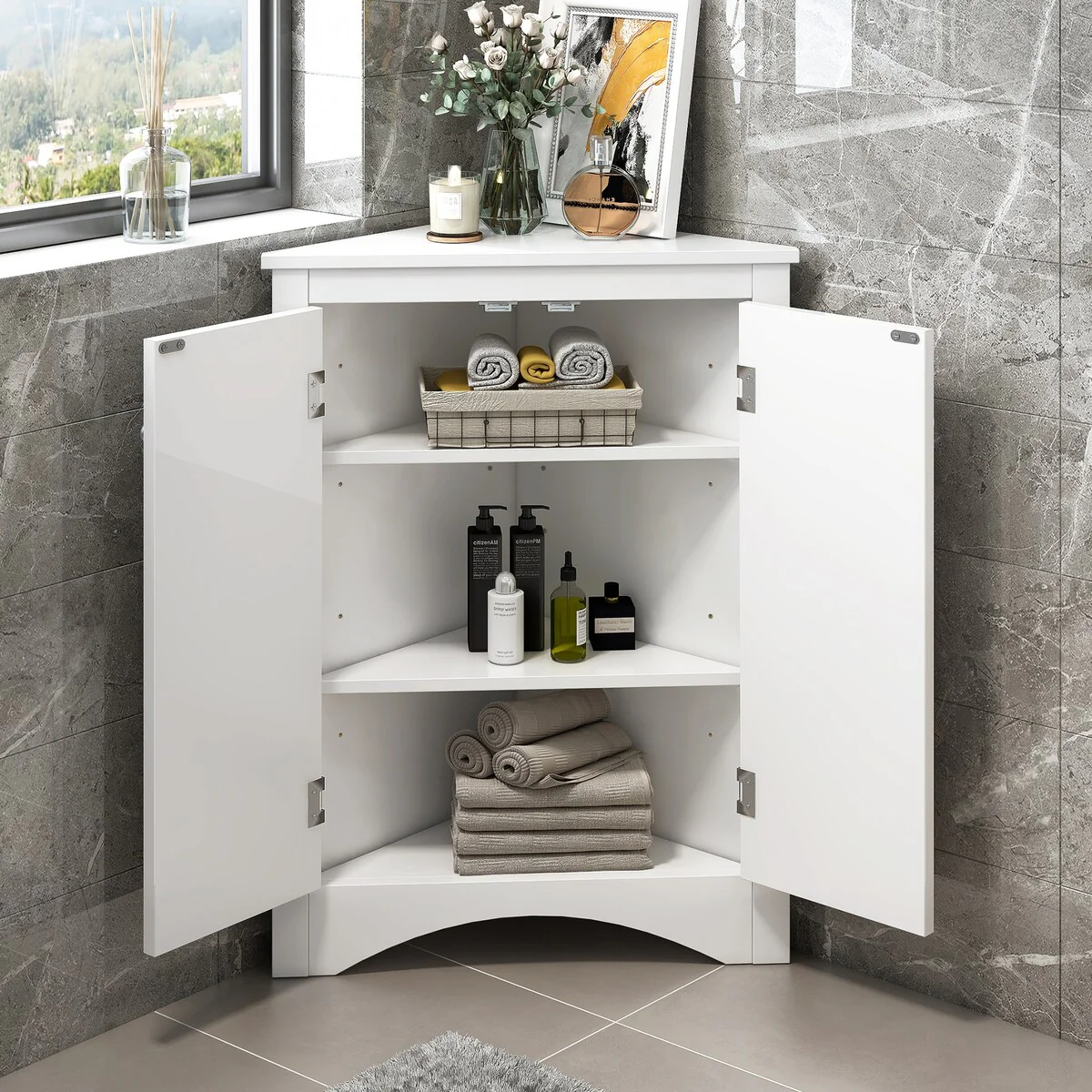 White Triangle Bathroom Storage Cabinet with Adjustable Shelves