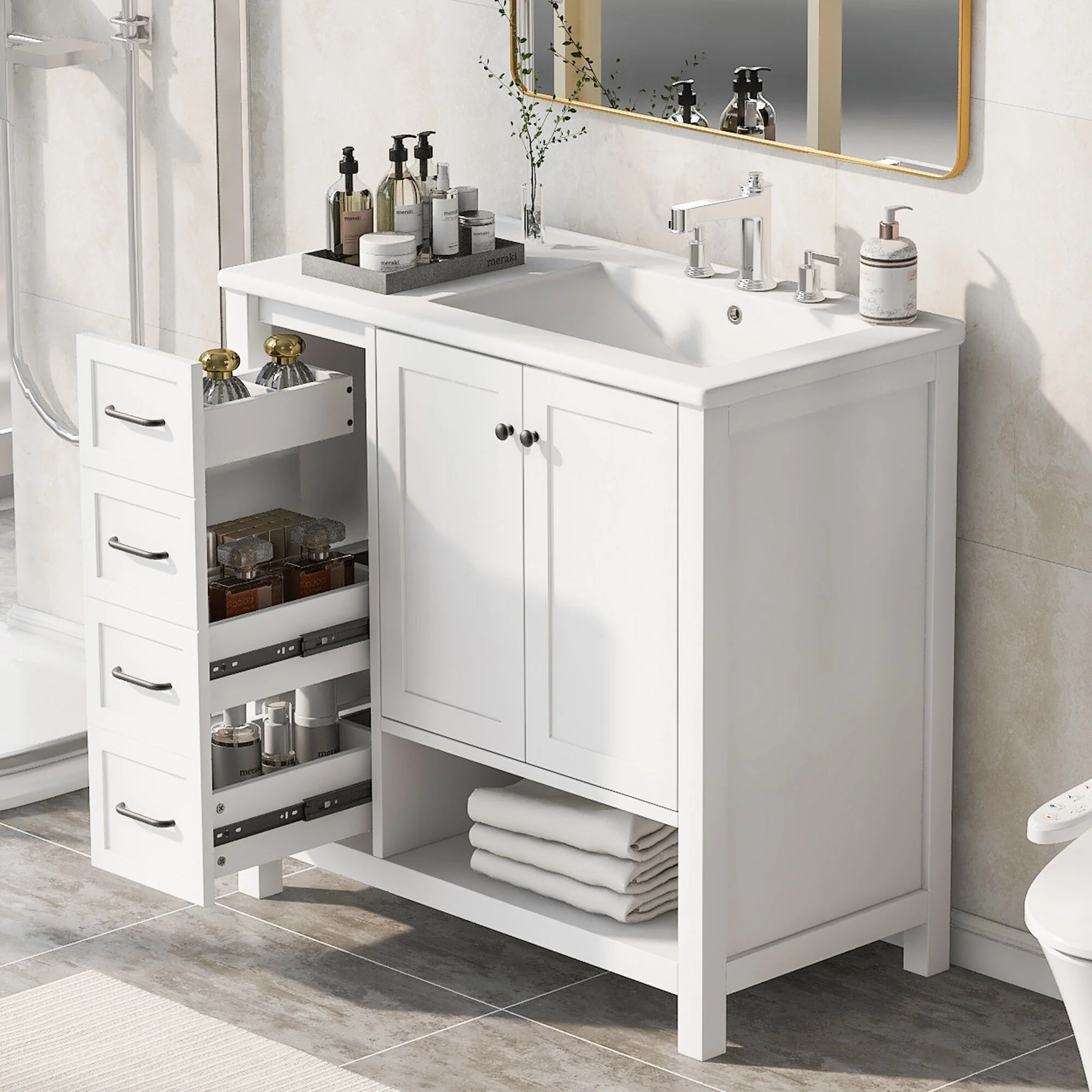 Bathroom Vanity with Ceramic Sink, Bathroom Storage Cabinet with 2 Drawers, Bathroom Vanity with 1 Tip-Out Drawer and 1 Door