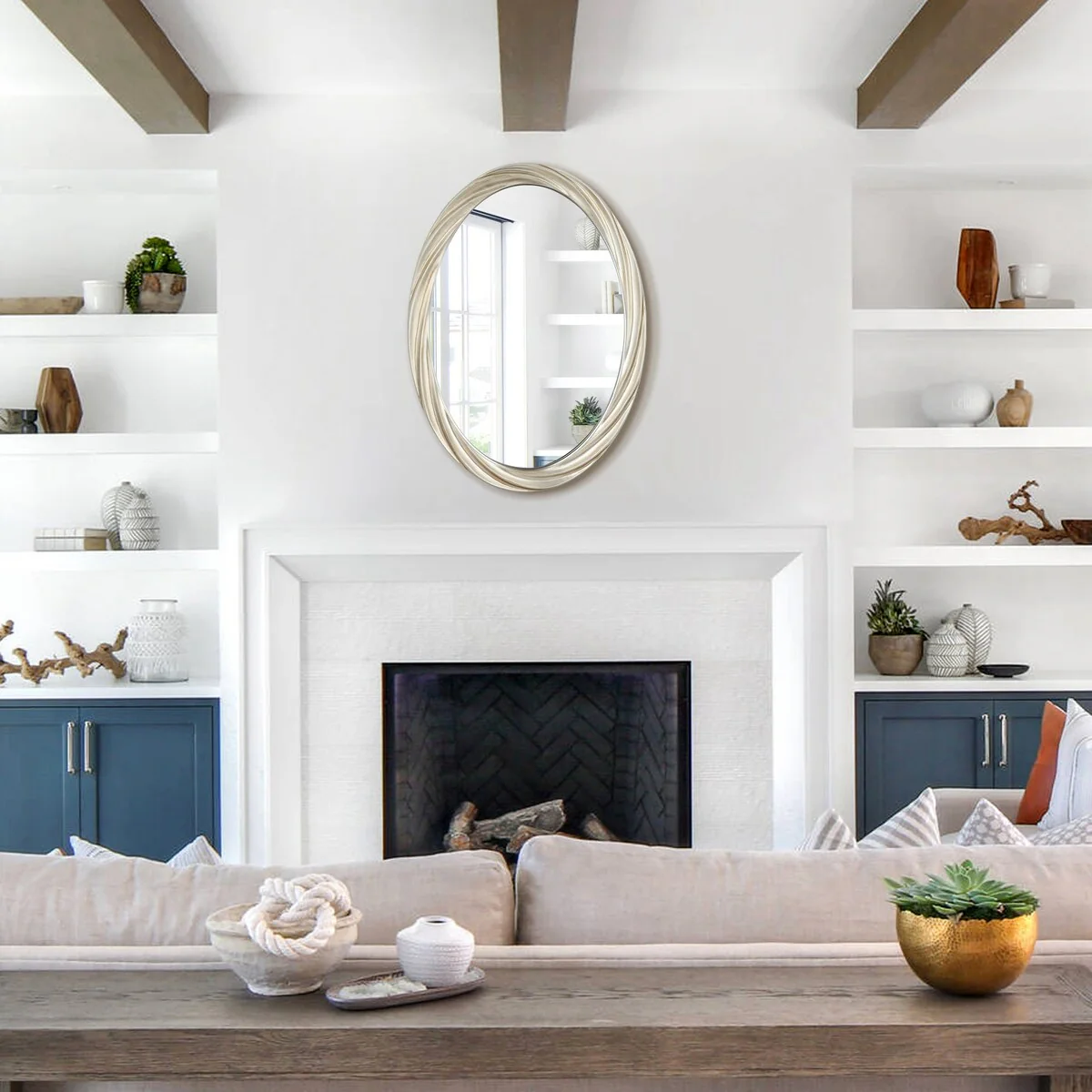 30-in Modern Beige Oval Framed Decorative Wall Bathroom Vanity Mirror