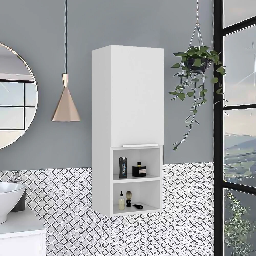 Modern Wood Medicine Cabinet, Compact Bathroom Medicine Cabinet with 1 Door and Open Shelves, 32.08 