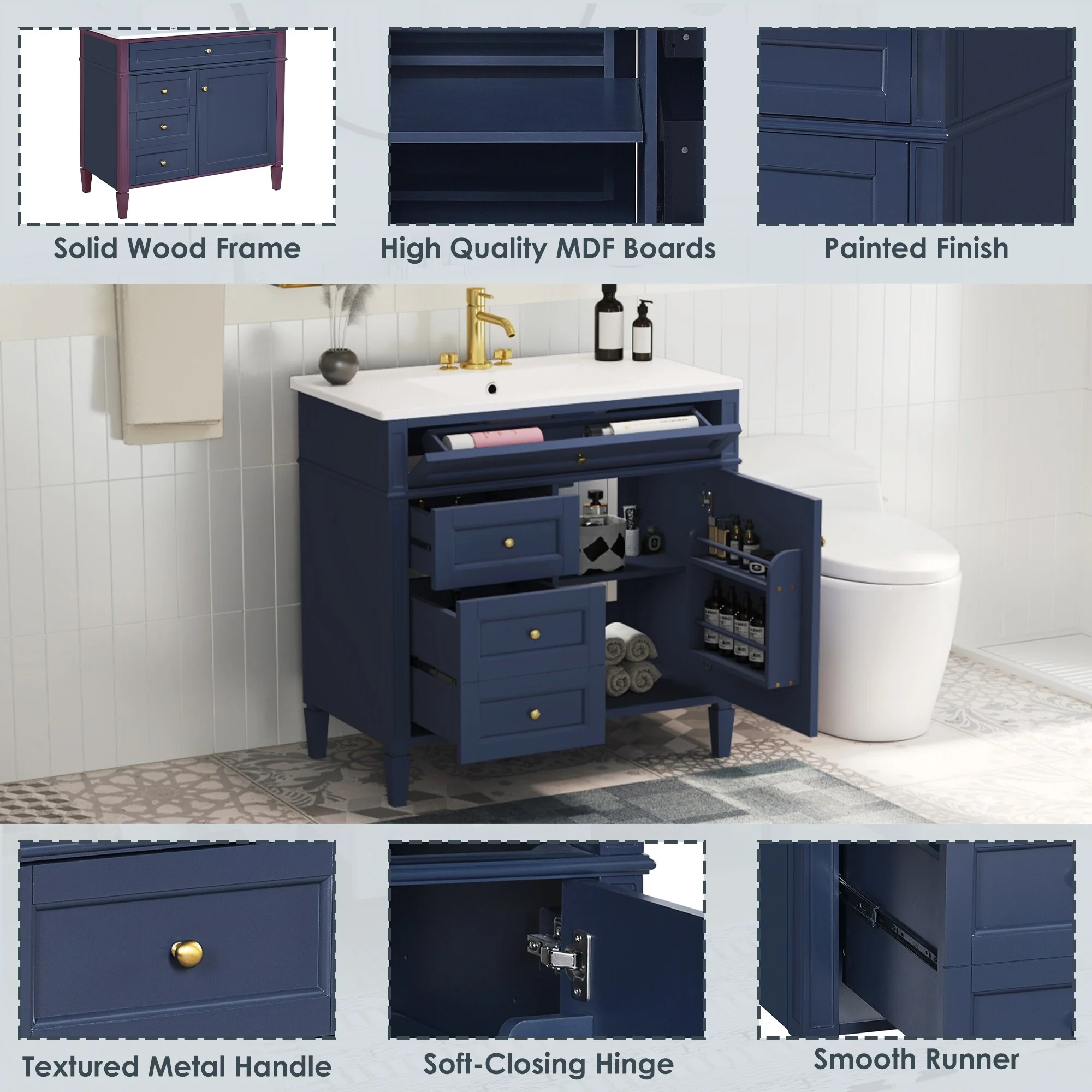 Bathroom Vanity with Single Sink, Bathroom Vanities with 2 Drawers, Bathroom Storage Cabinet with 1 Tip-Out Drawer and 1 Door