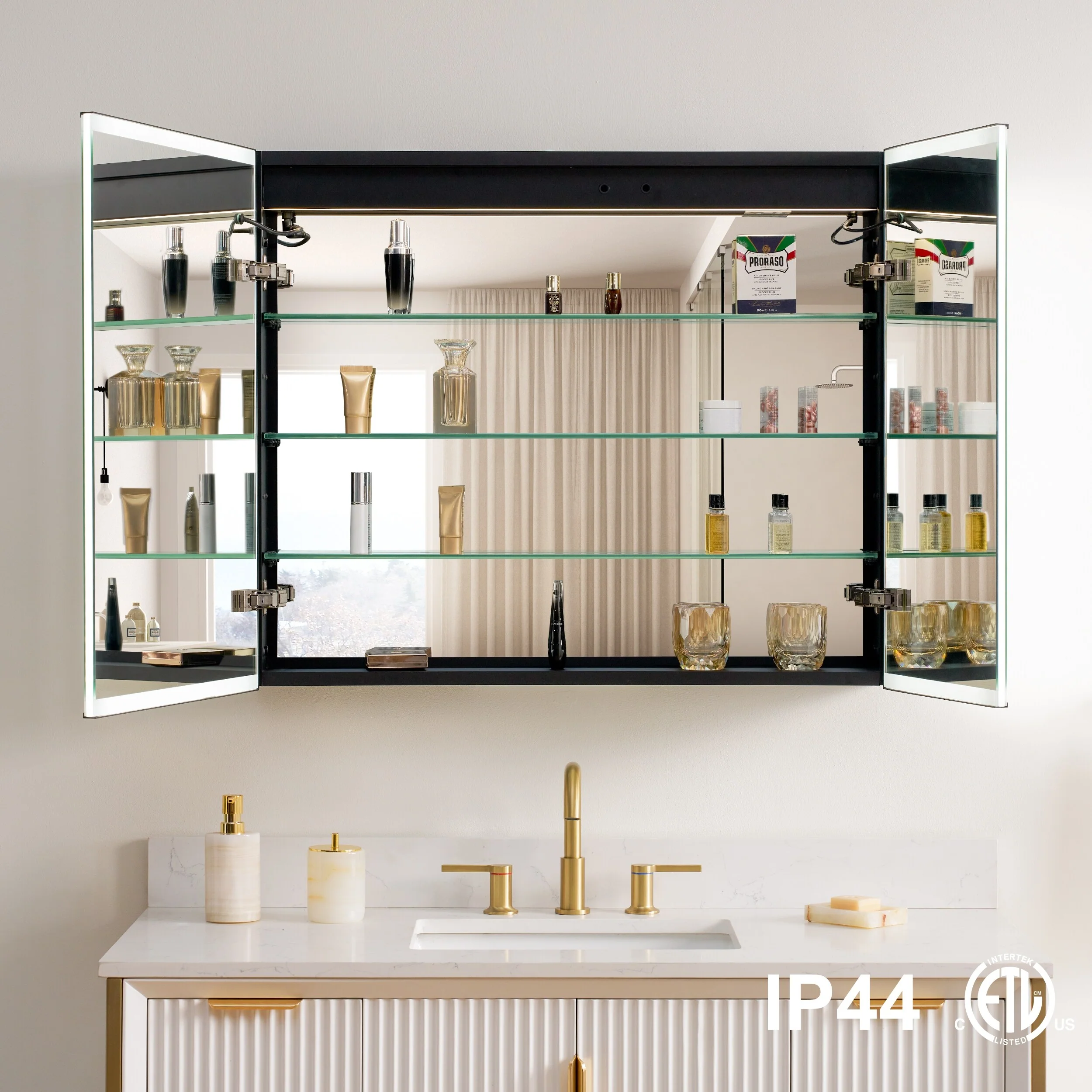 30'' H Recessed Or Surface Wall Mounted LED Mirror Cabinet With Mirror And Adjustable Shelves,Black Frame