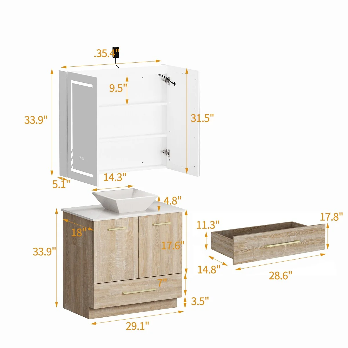 Bathroom Vanity with Ceramic Basin and Modern Medicine Cabinet Combo