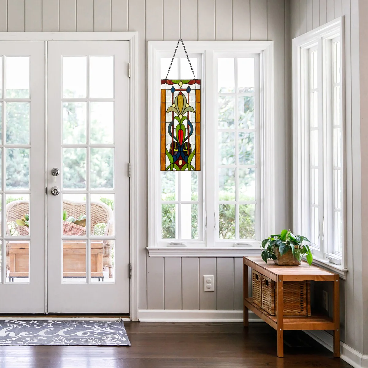 24-in H Fleur de Lis Tiffany-Style Multicolored Stained Glass Window Panel - 10.5