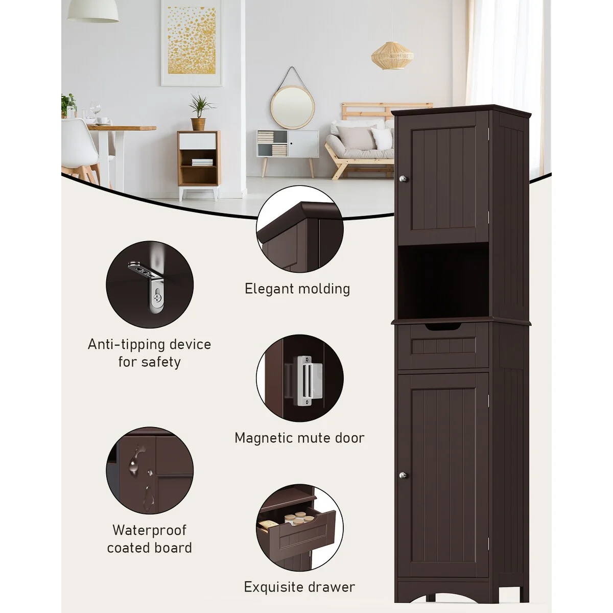 Freestanding Narrow Tall Bathroom Storage Cabinet with Adjustable Shelves, Door and Open Shelves