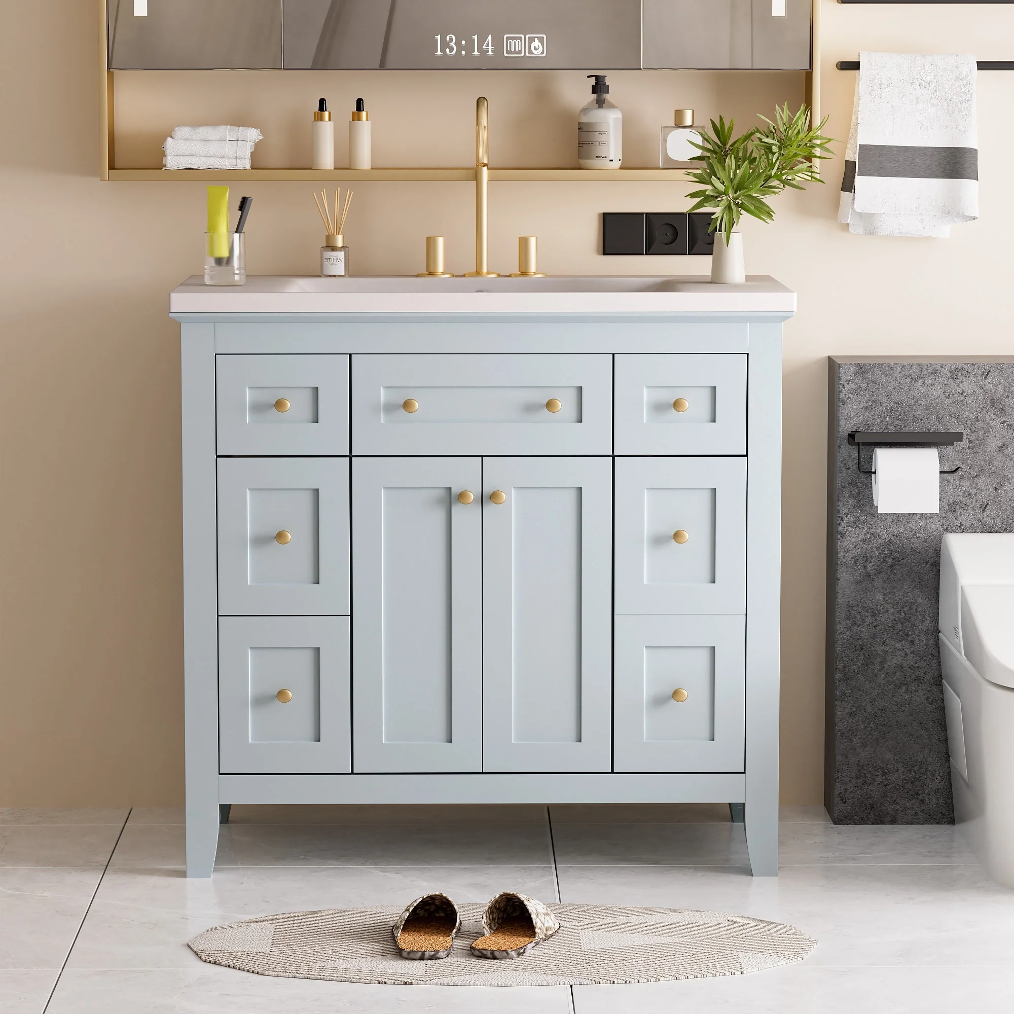 Modern Freestanding Single Bathroom Cabinet with 6 Drawers 2 Cabinets