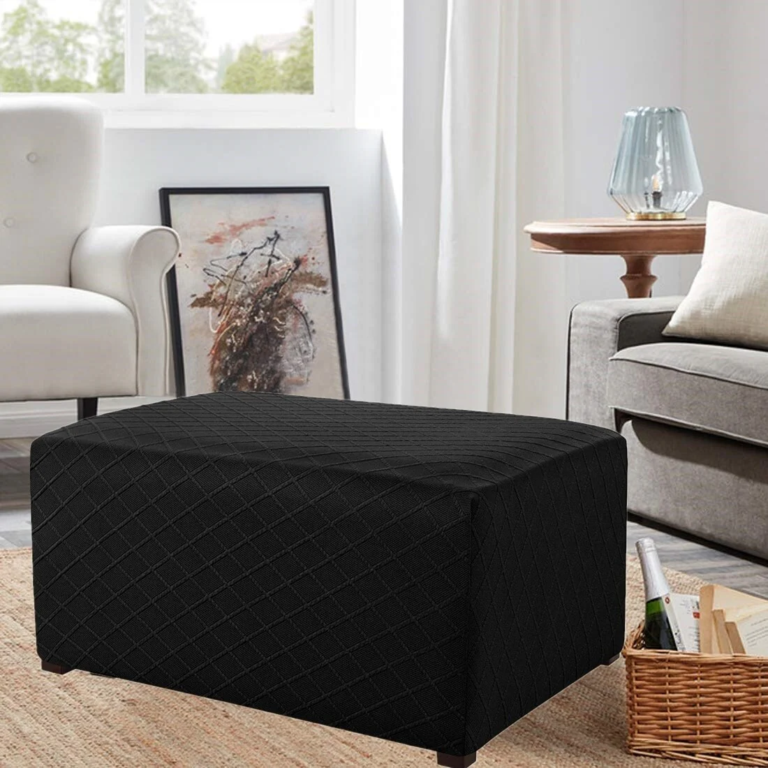 Enova Ultra Soft Rhombus Jacquard Polyester Stretch Fabric Oversized Ottoman Slipcover - N/A