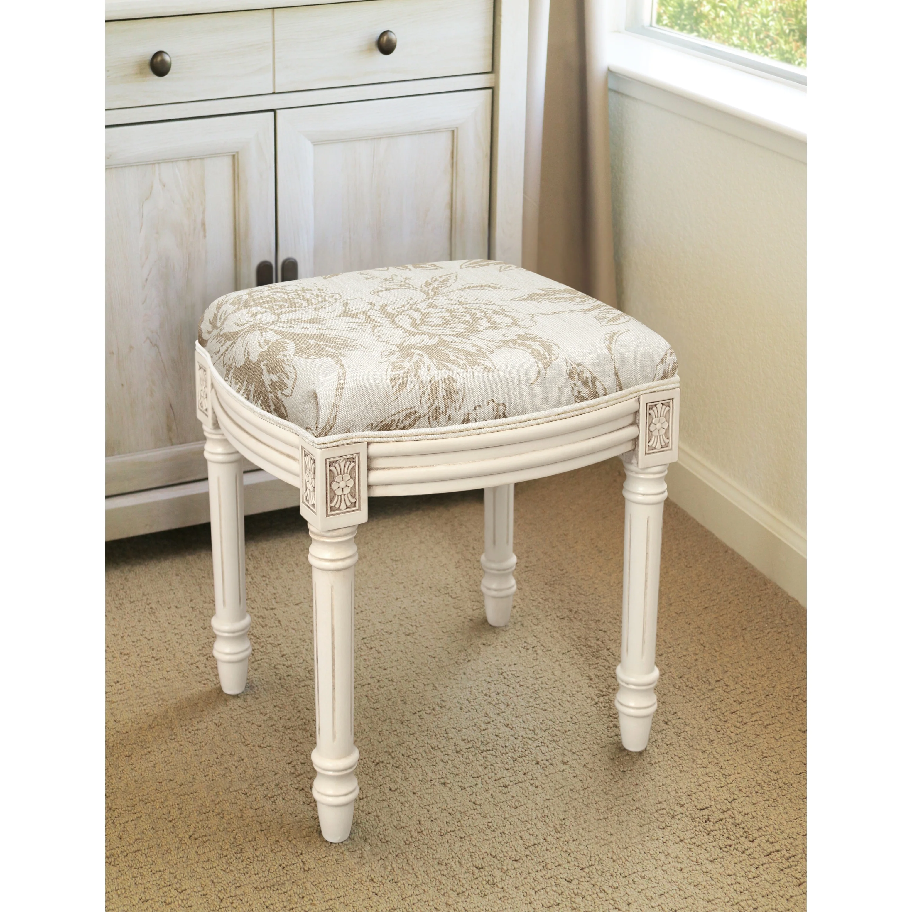 Taupe Peony Vanity Stool with antique white finish