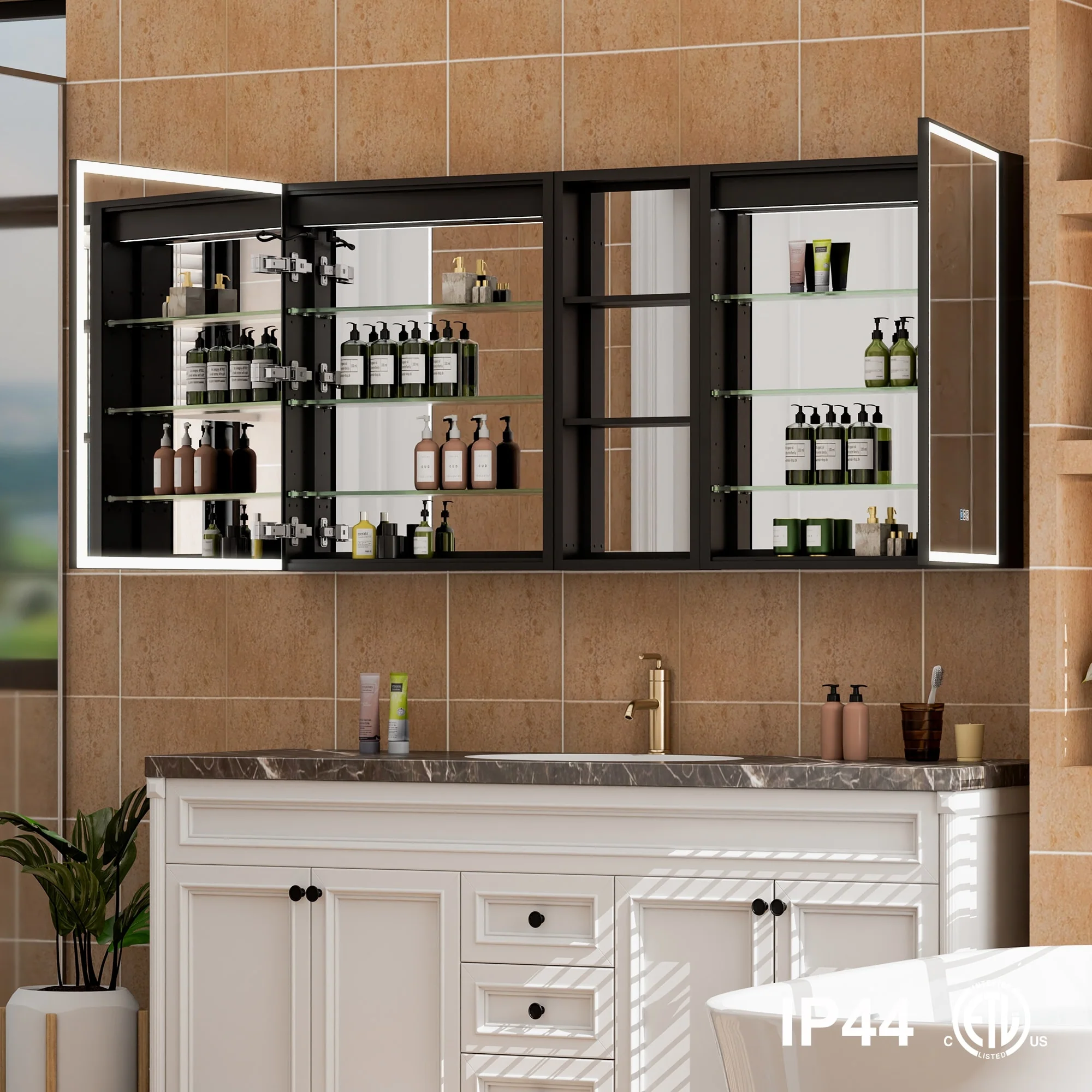 30 in. H Recessed or Surface Wall Mounted LED Mirror Cabinet With Black Side Cabinet