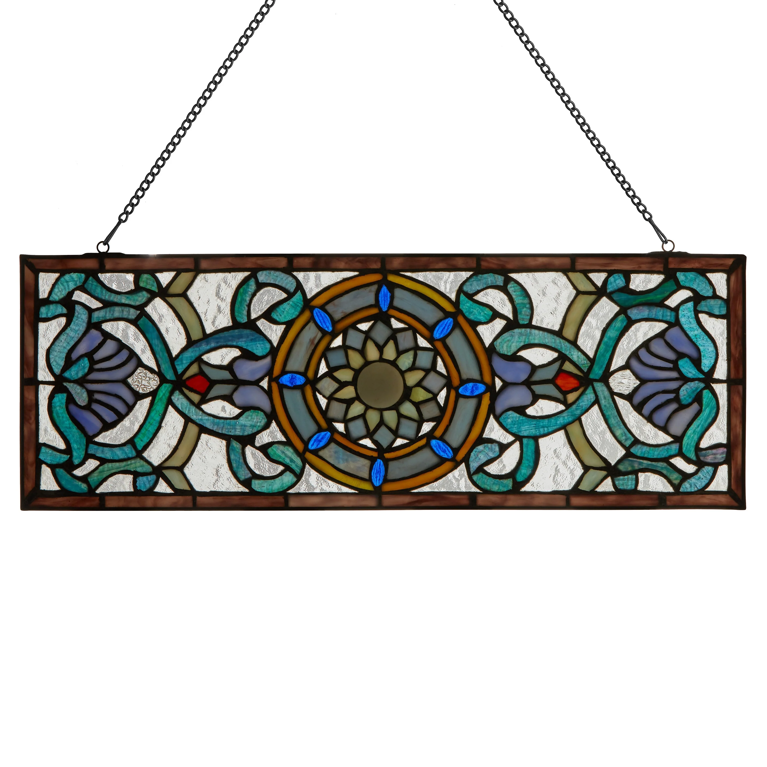 Flourished and Flowers River of Goods Shades of Blue Stained Glass Window Panel - 24