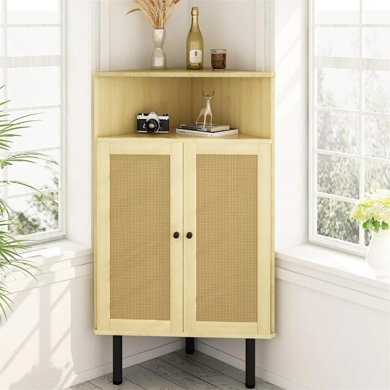 4 Tier Corner Cabinet with Doors Shelves Rattan Freestanding Bar Storage Cabinet - 22.25