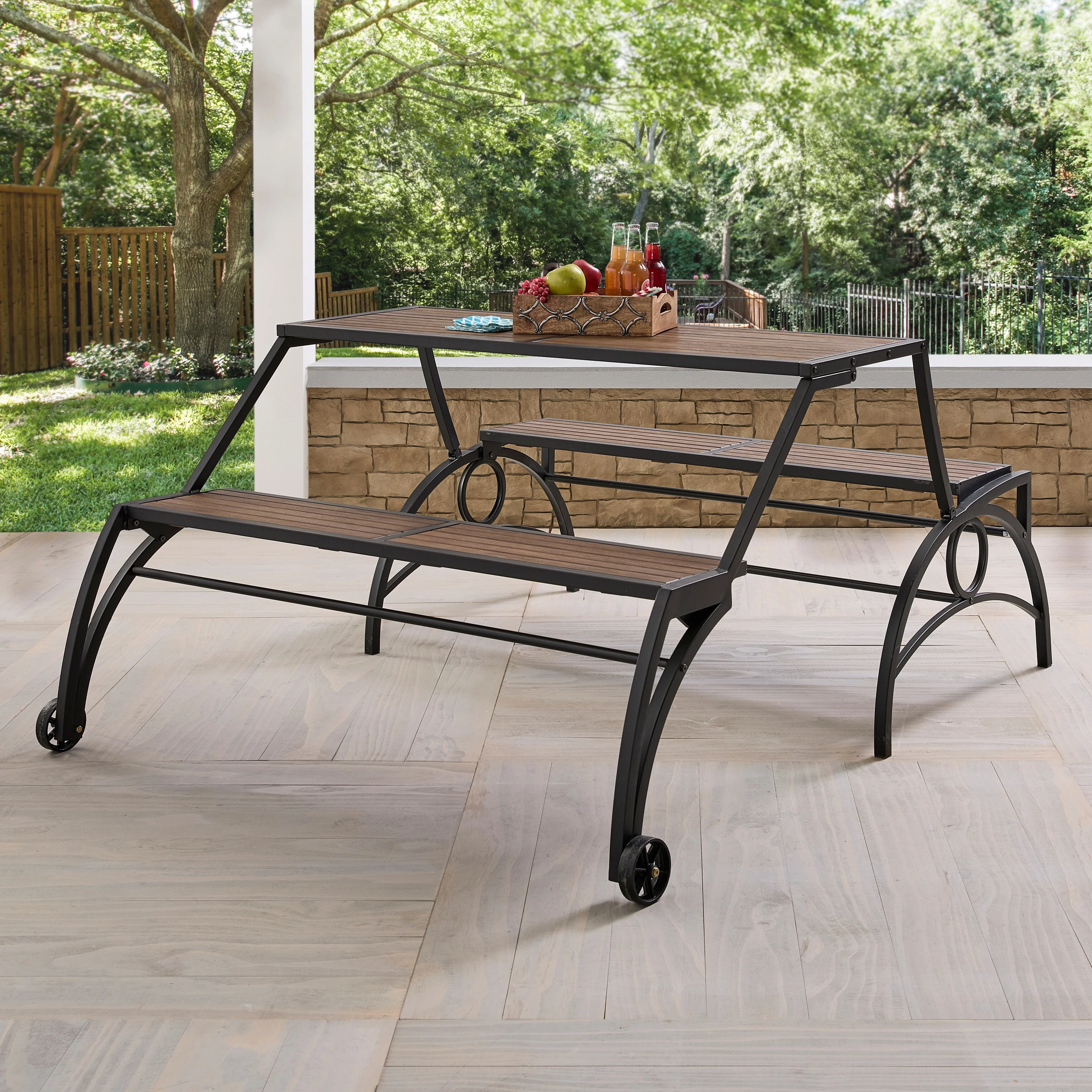 Saba Convertible Walnut Finish Black Metal Outdoor Table/Bench by iNSPIRE Q Oasis