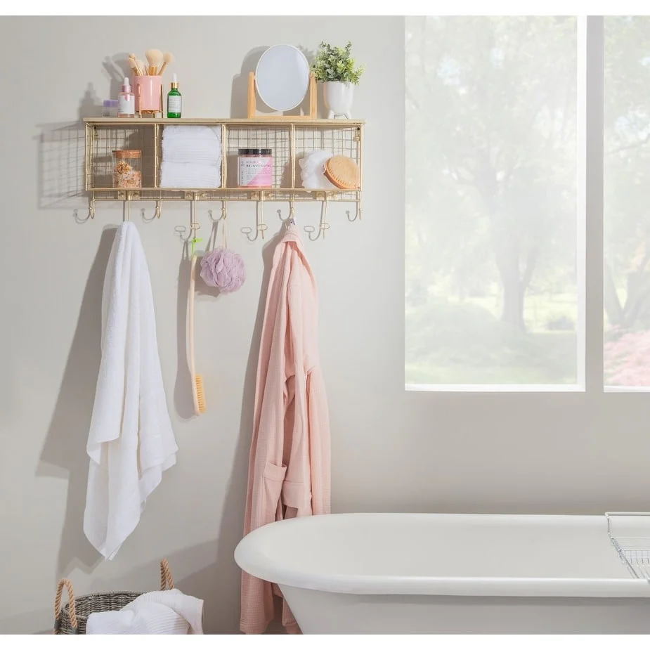 Linon Four Cubby Wall Shelf with Hooks