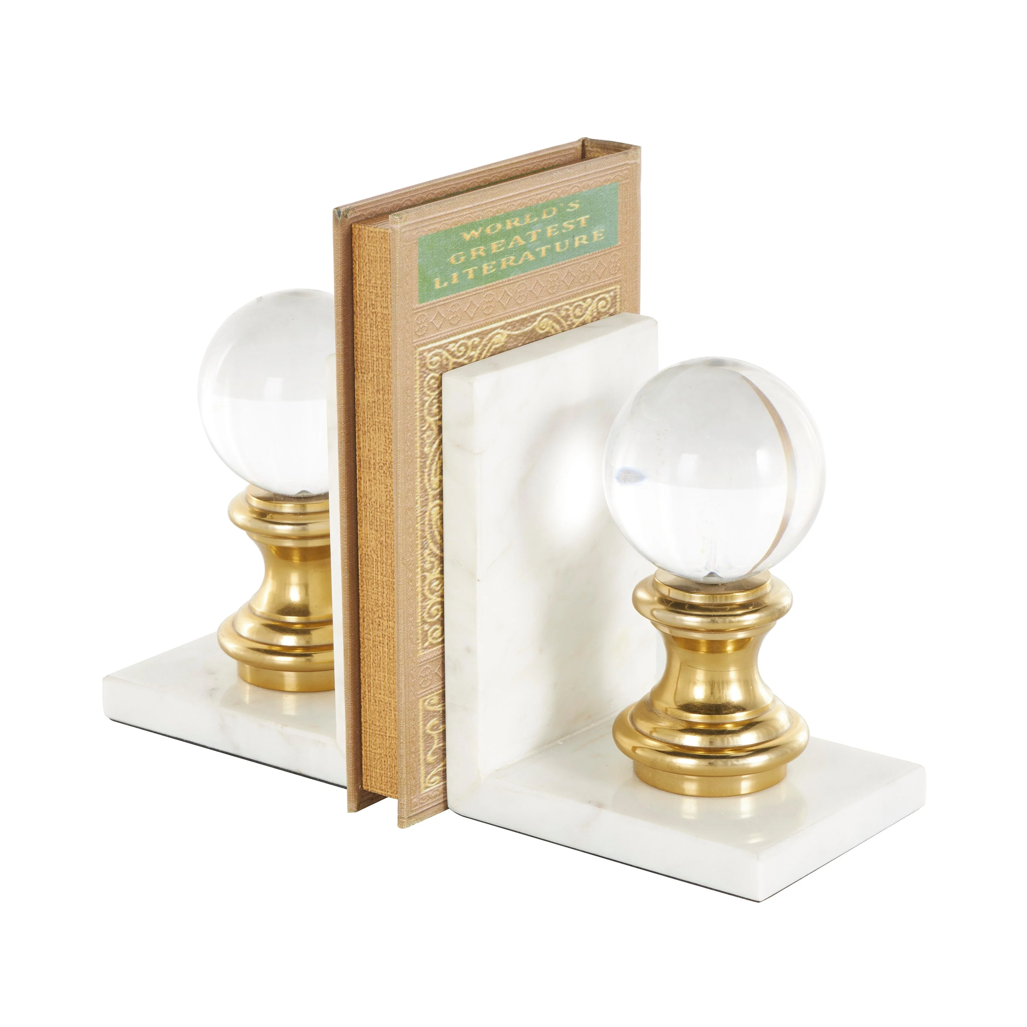 White Marble Decorative Bookends with Glass Orbs and Gold Accents (Set of 2)