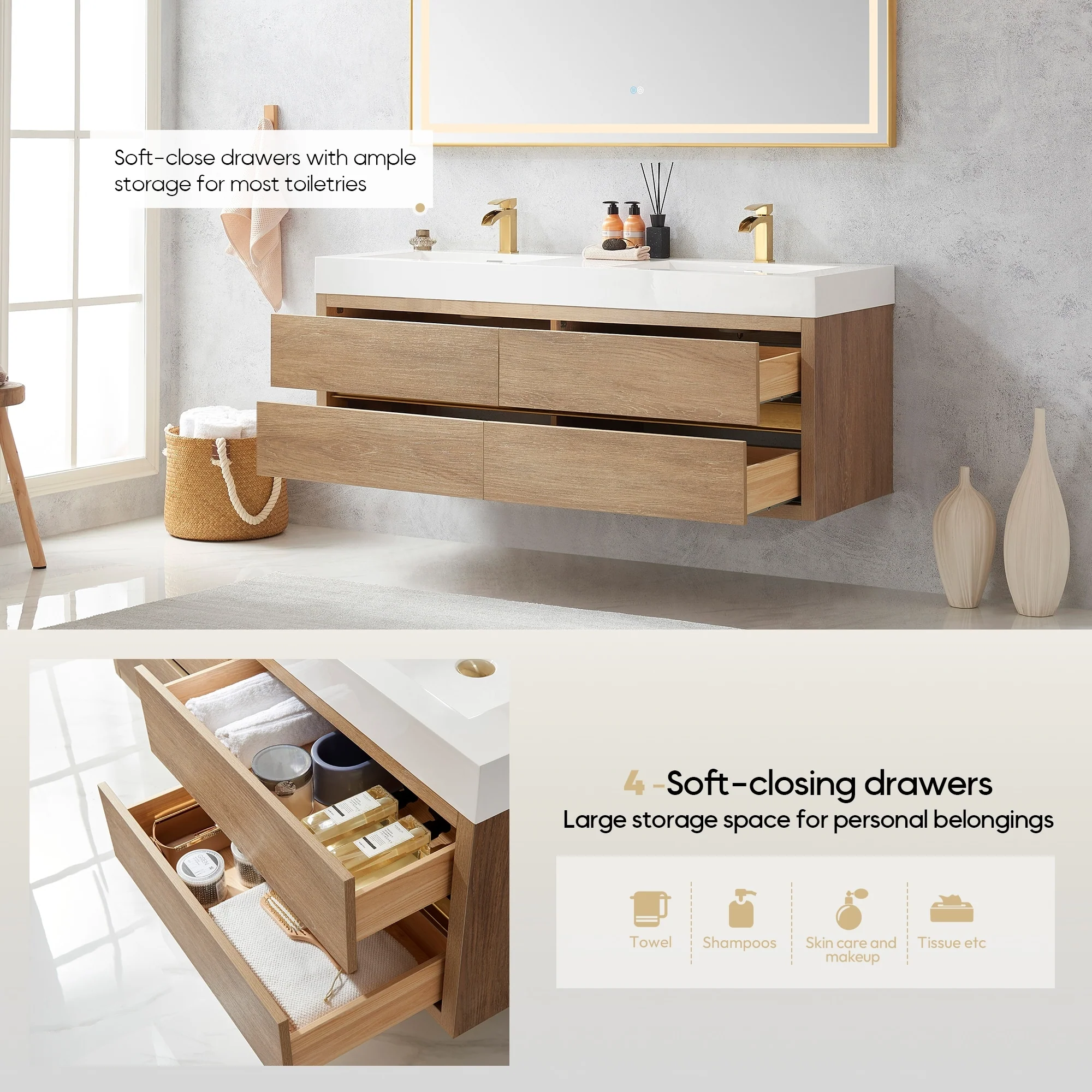 Palencia Double Floating Vanity with White Sink Top without Mirror - 60in.