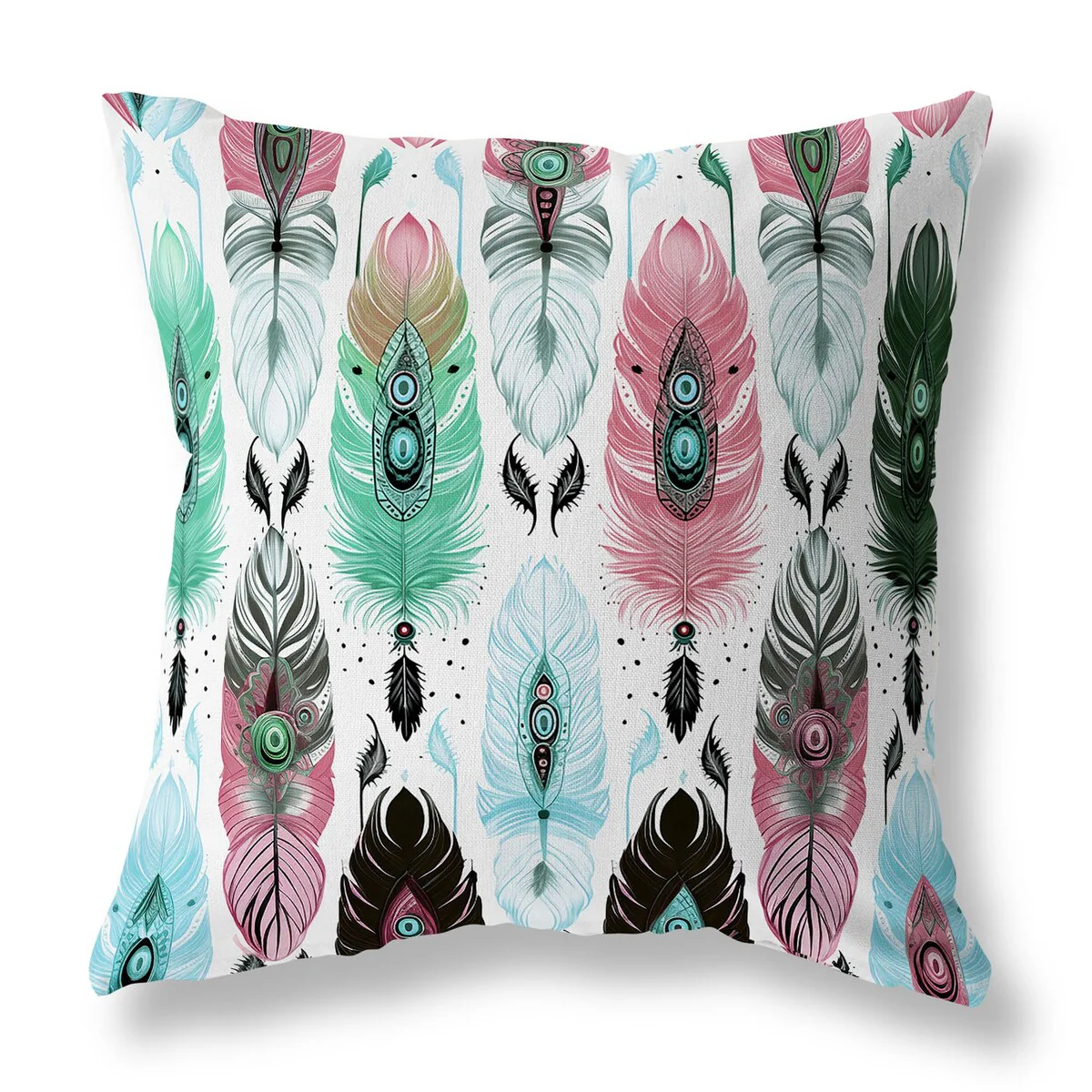 Pink And Green Feathered Treasure Indoor/Outdoor Throw Pillow Zipper