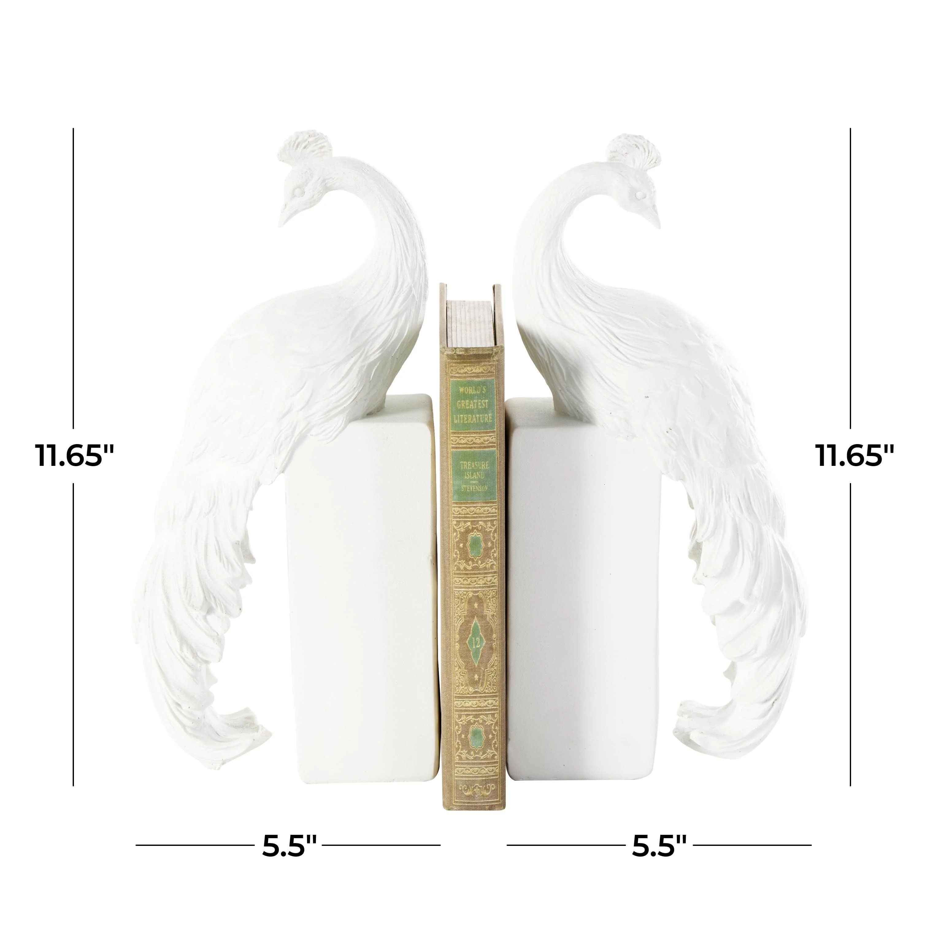 Resin Peacock Textured Decorative Bookends with Tall Block Bases - Set of 2 White - Roche River Decor